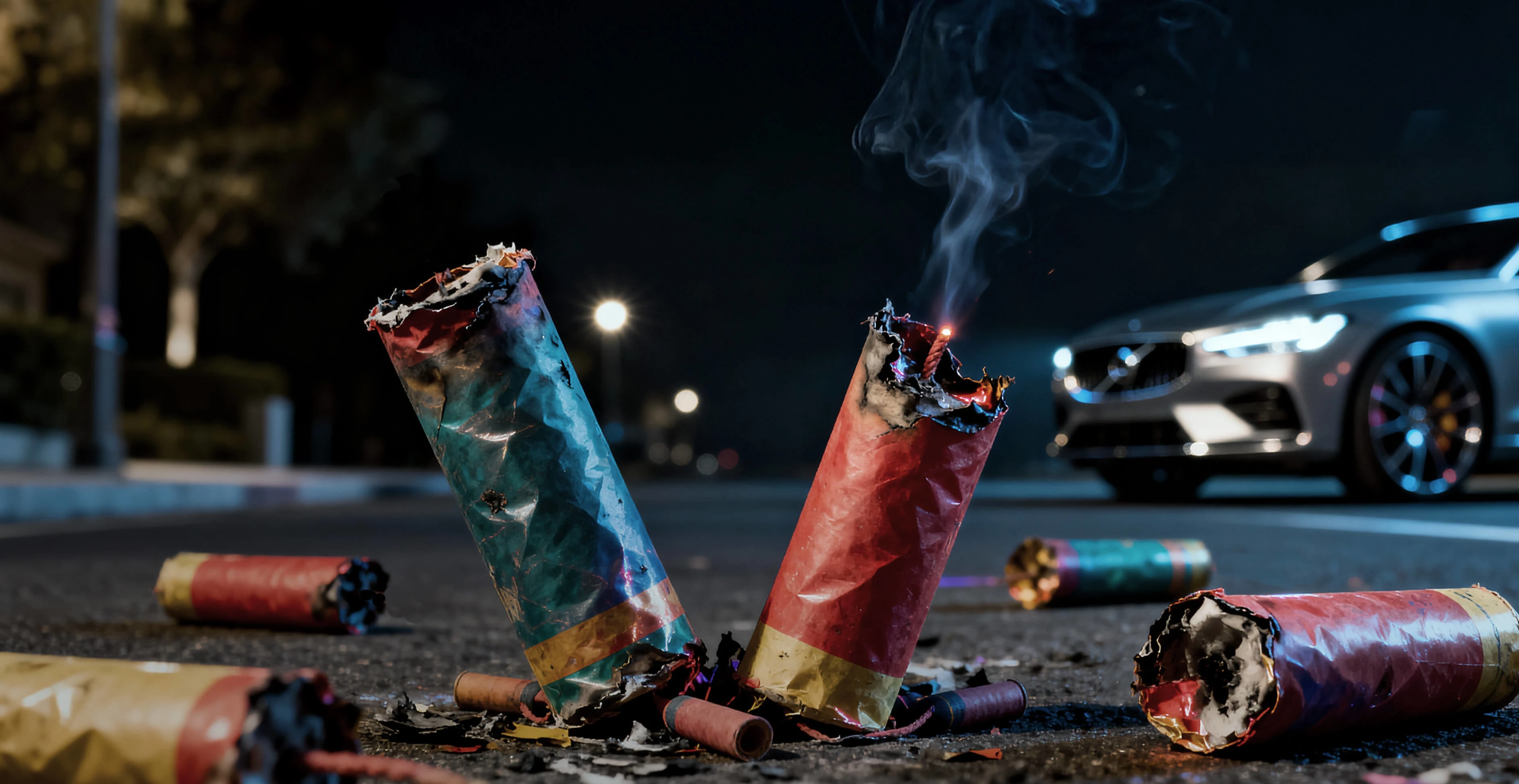Silvesterfeuerwerk und parkendes Auto