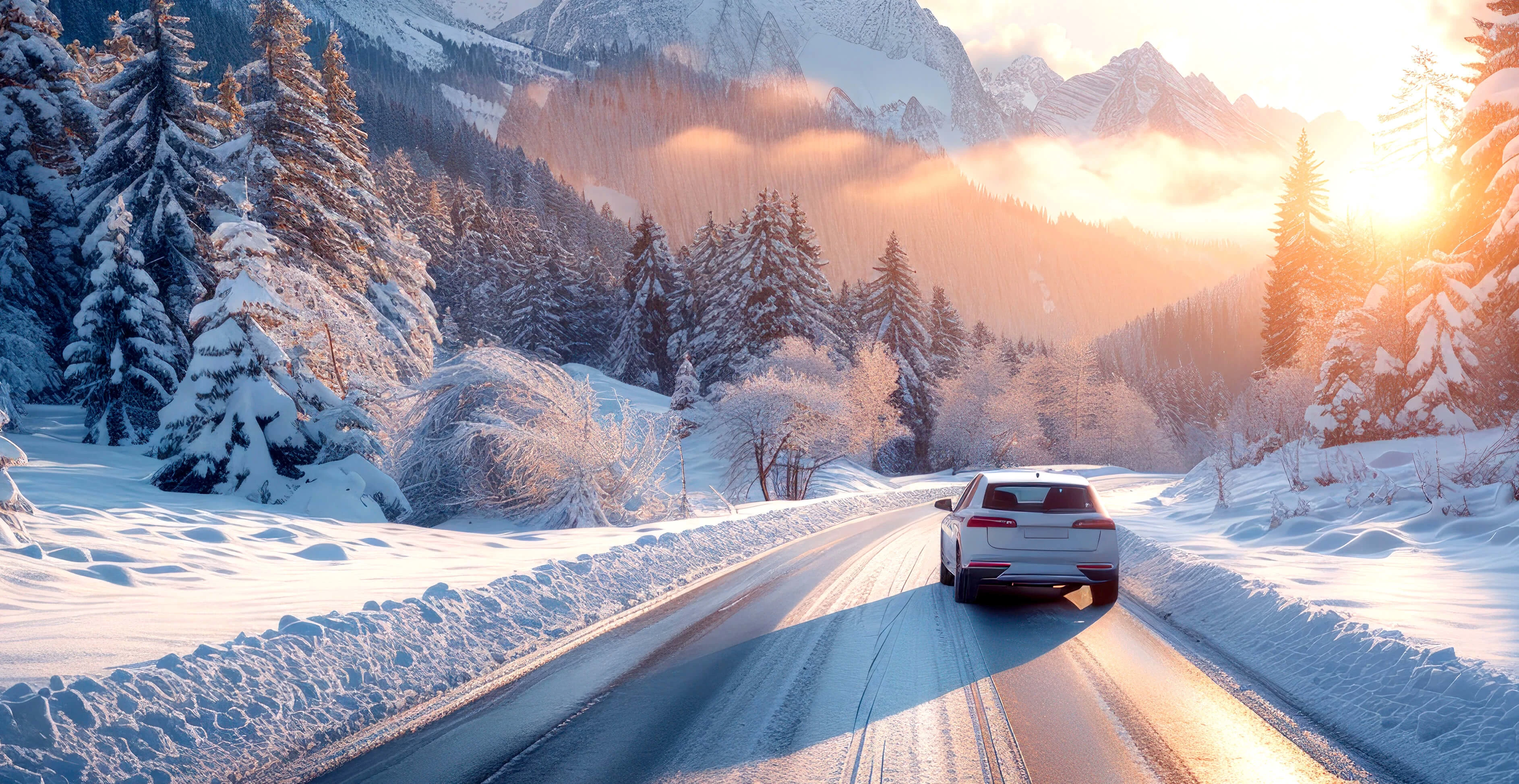 weißer Kombi fährt auf einer Straße in den Bergen in einer verschneiten Landschaft