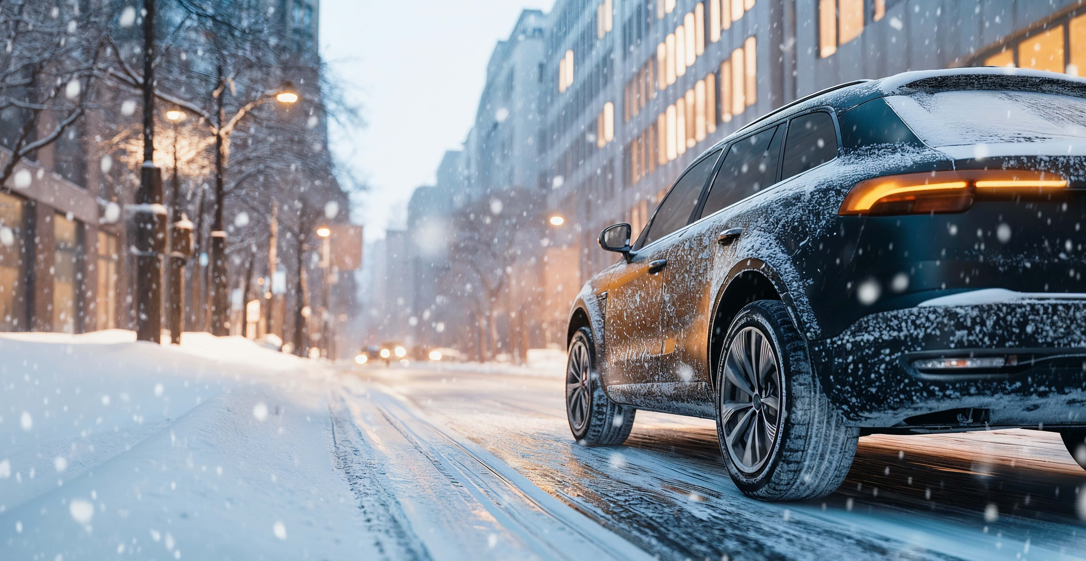 Auto fährt auf verschneiter Stadtstraße bei Dämmerung