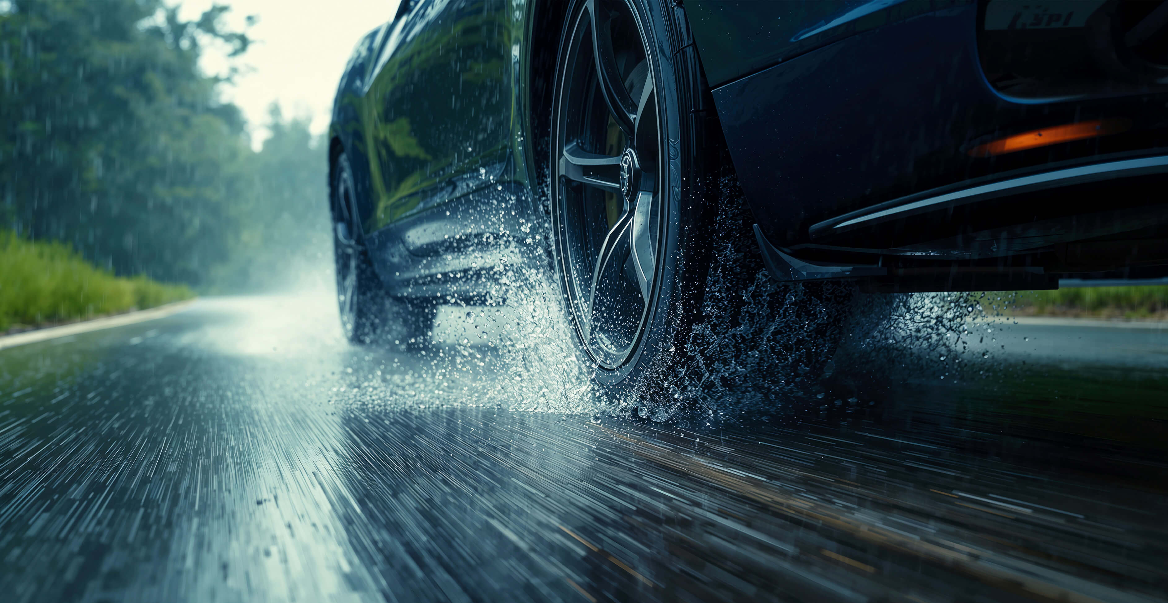 Auto fährt auf nasser Straße