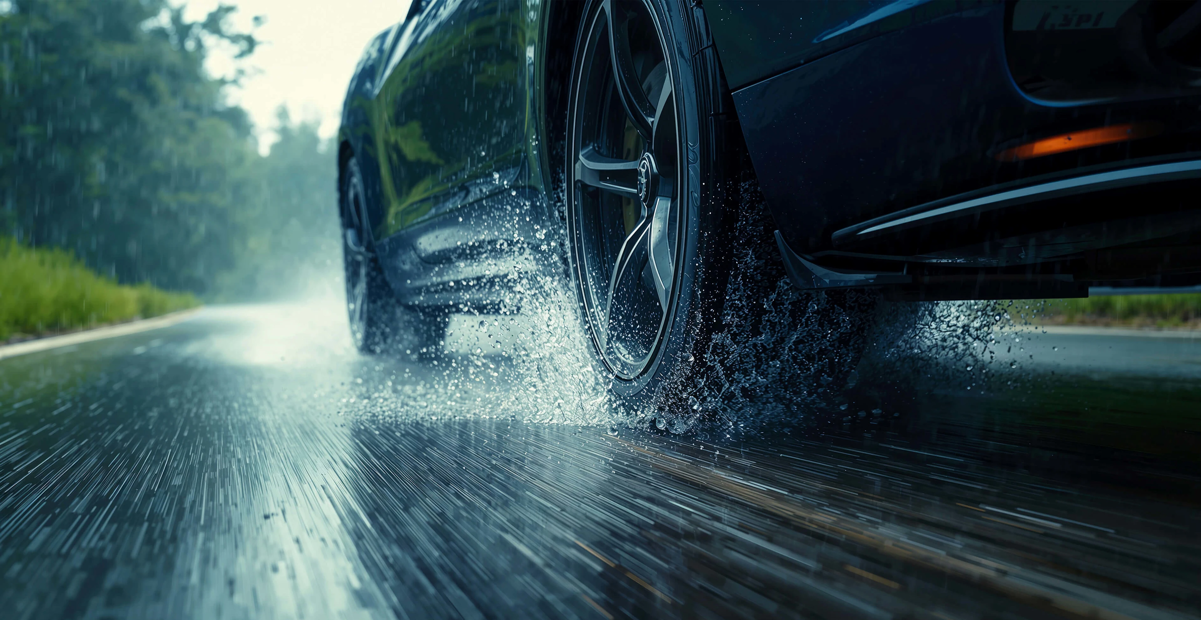 Auto fährt auf nasser Straße