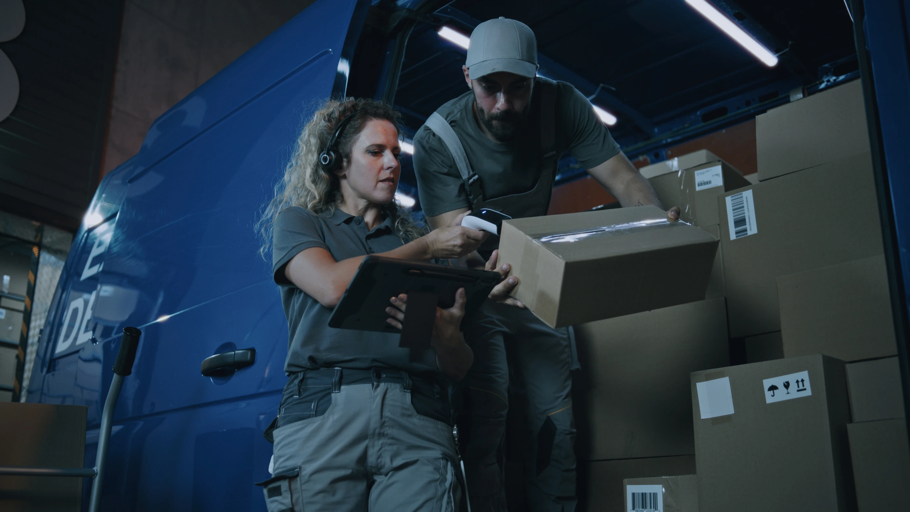 Frau mit Mann beim Beladen eines  Transporters; Paket in der Hand