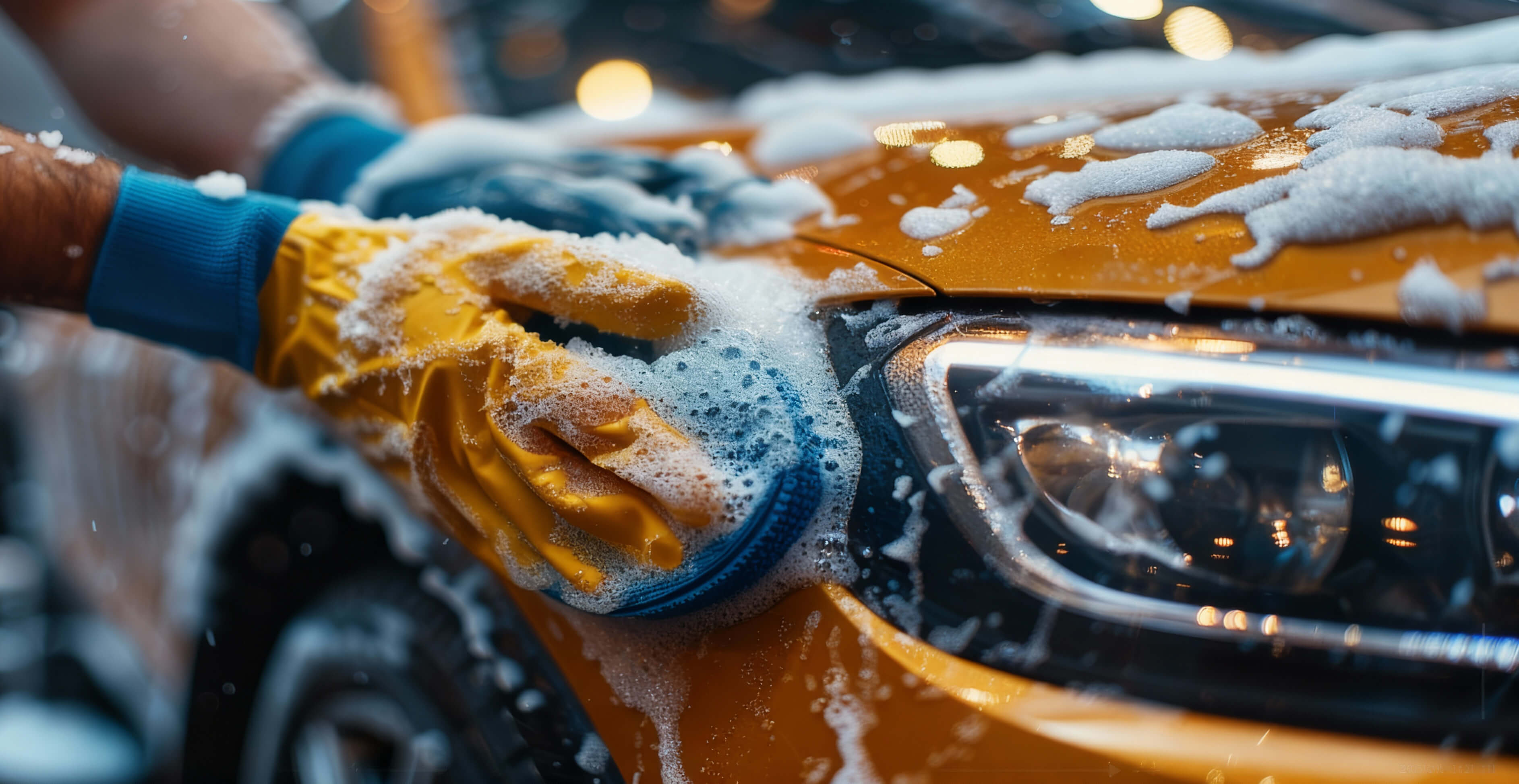 oranges Auto wird von Hand gereinigt