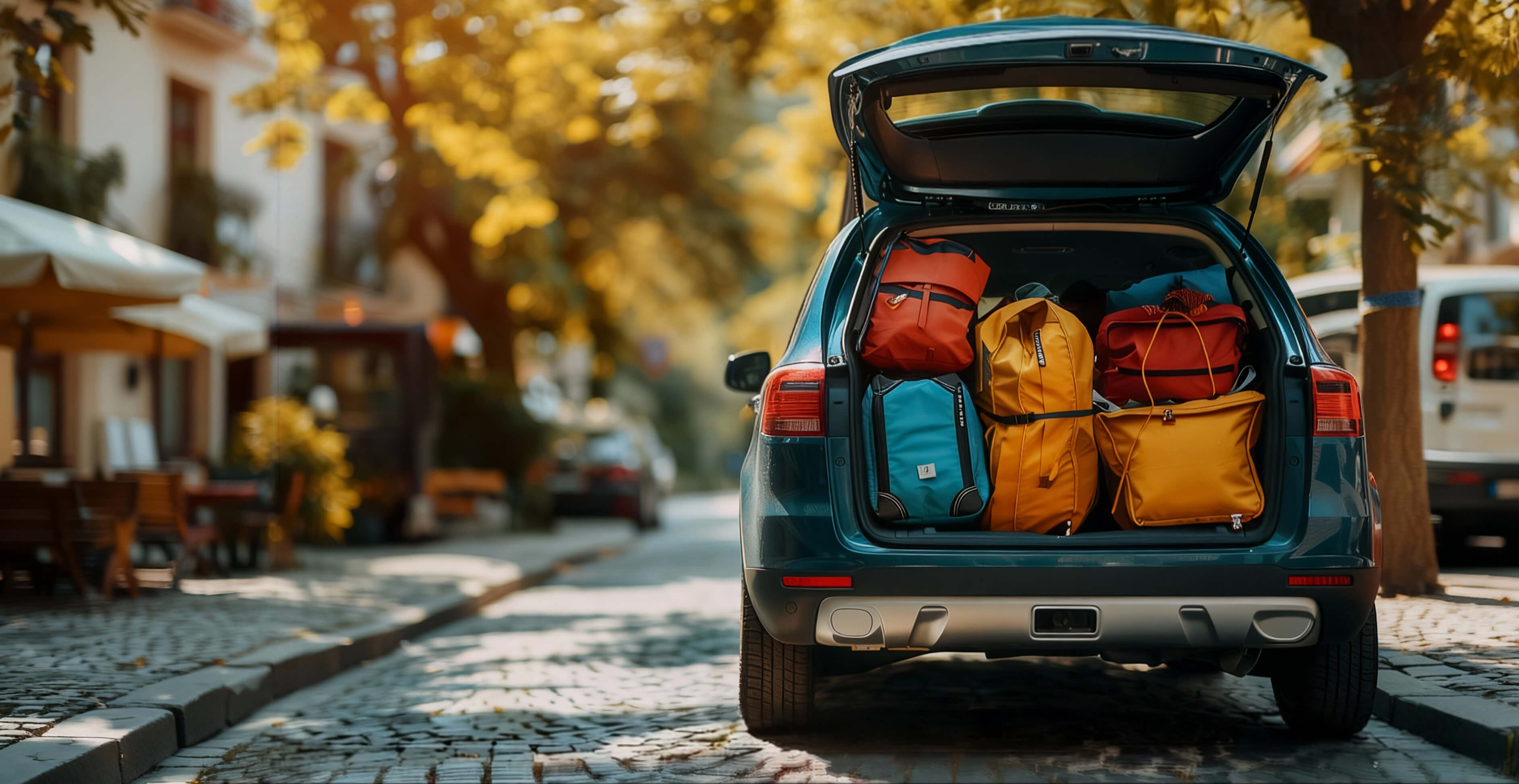 ein voll beladenes Auto steht mit offenem Kofferraum auf einer Straßen