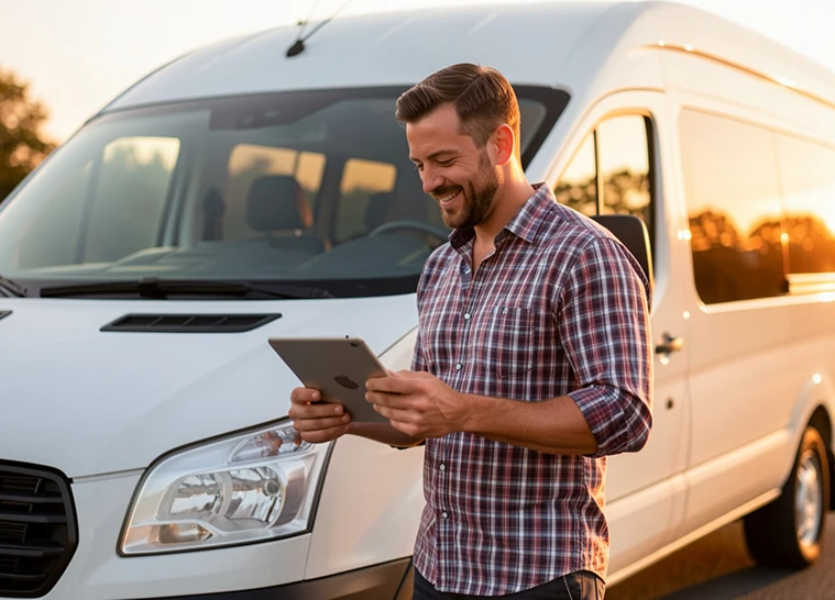 Mann steht vor einem weißen Transporter