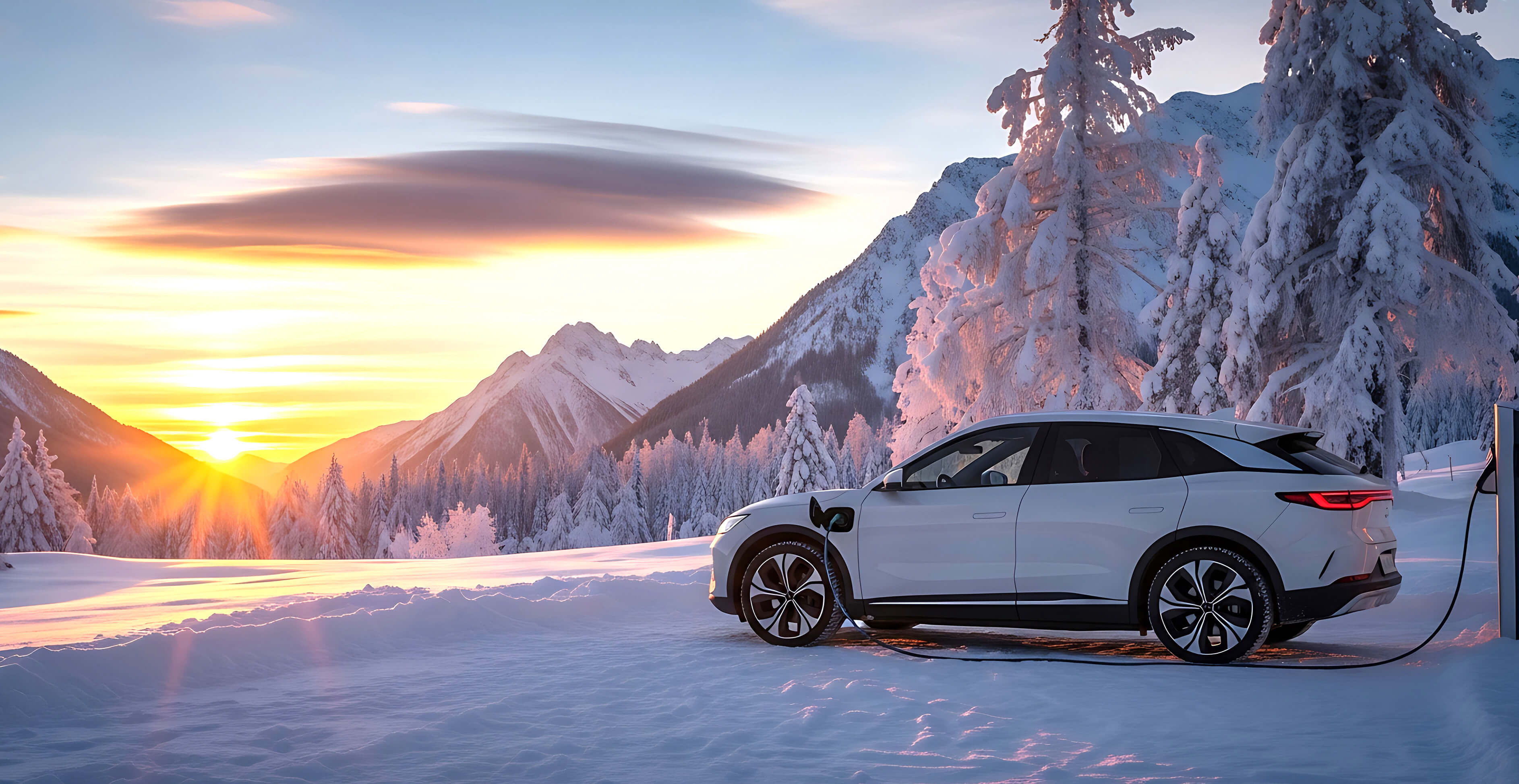 Weißes Elektro-SUV in verschneiter Berglandschaft bei Sonnenuntergang mit schneebedeckten Tannen und orangefarbenem Himmel.