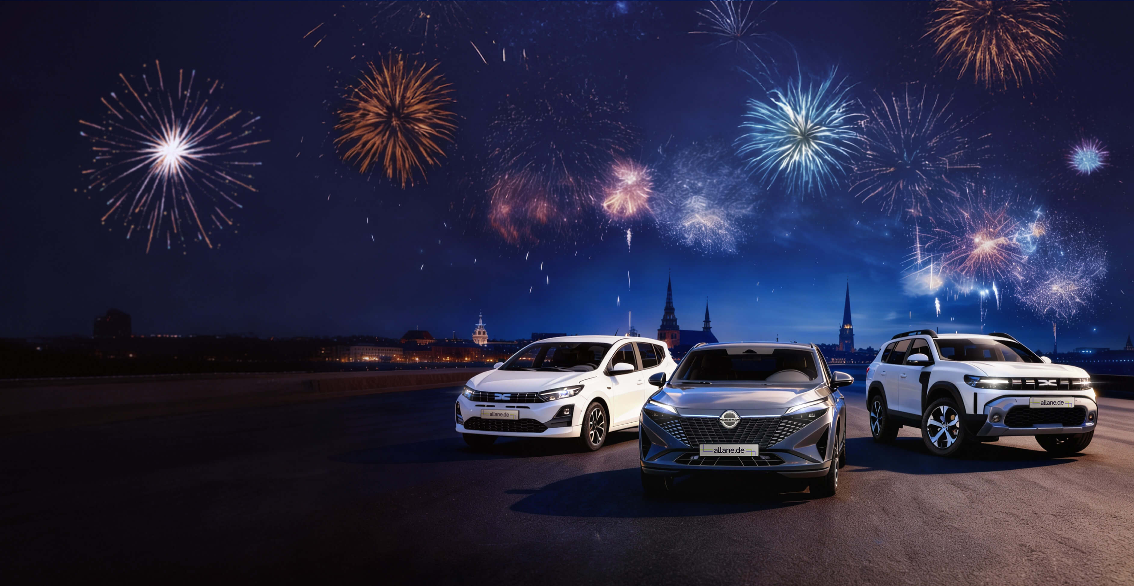 Kick-Off Kampagne 2026 drei Fahrzeuge mit Feuerwerk