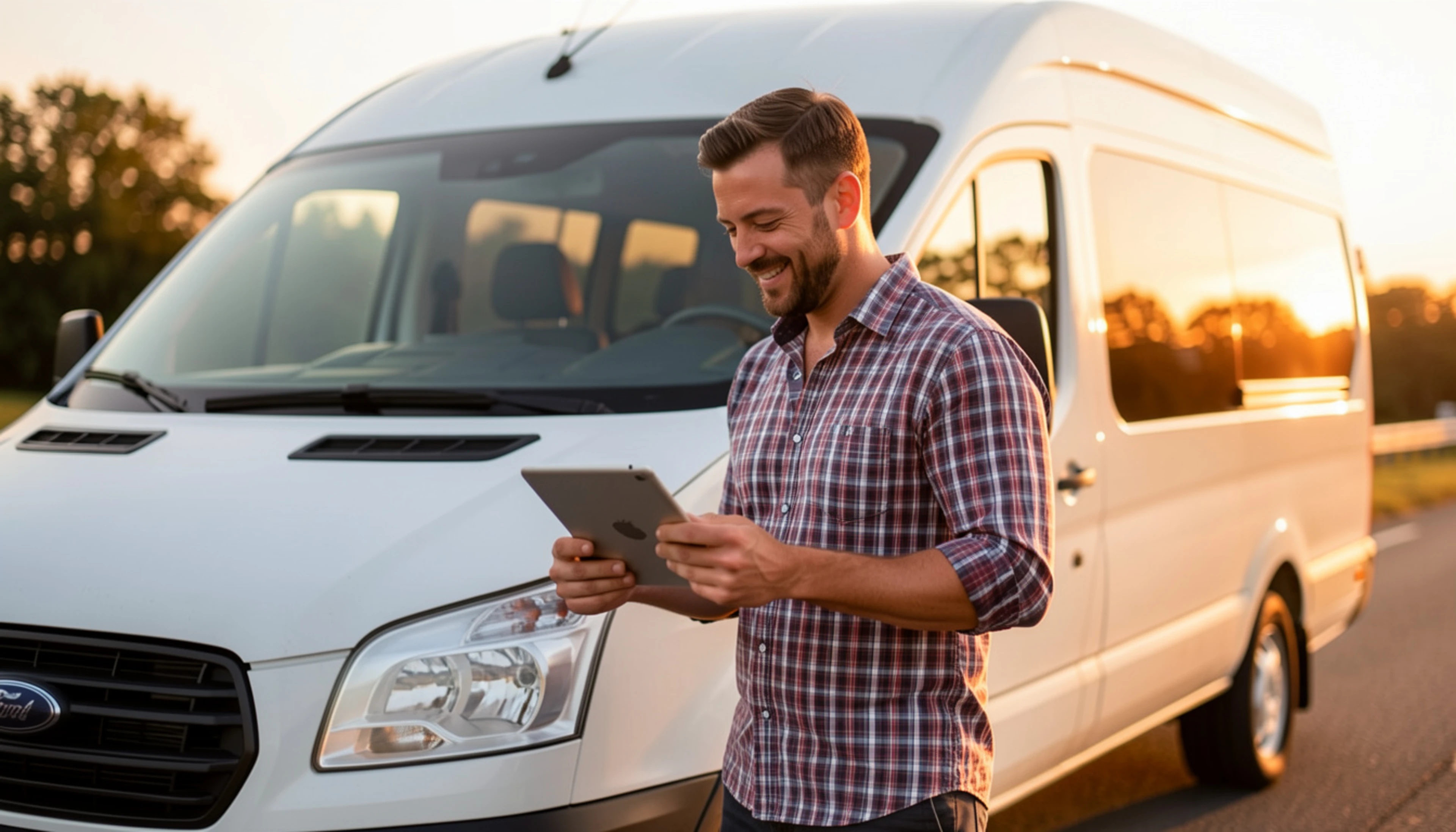 Mann lachend vor Transporter - AI generated