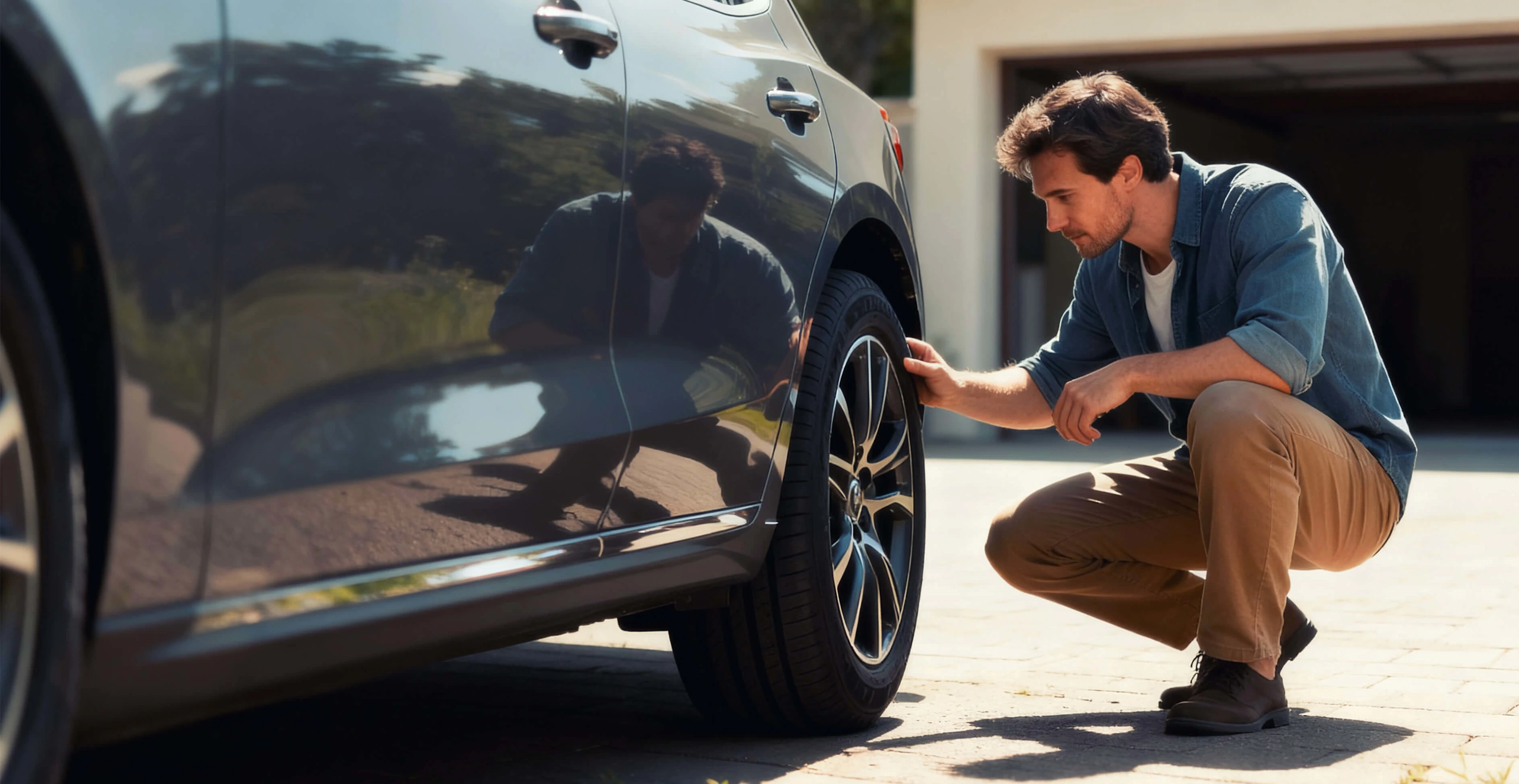 Mann in blauem Hemd hockt neben silbernem Auto und überprüft den Reifenzustand vor einer Garage.