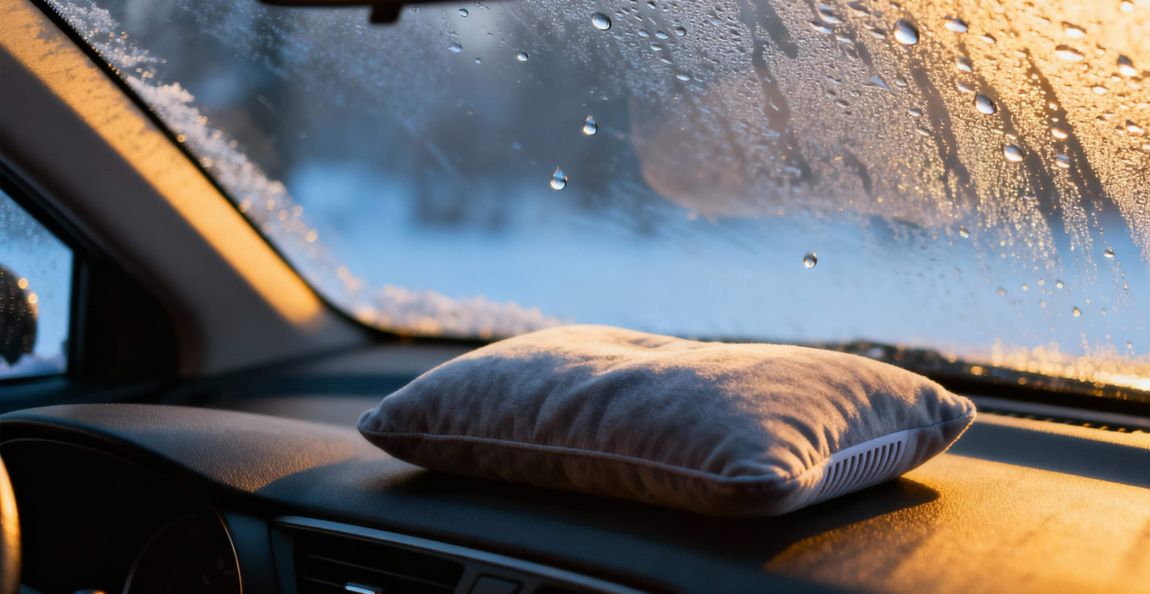 Entfeuchterkissen auf Armaturenbrett vor beschlagener Autoscheibe
