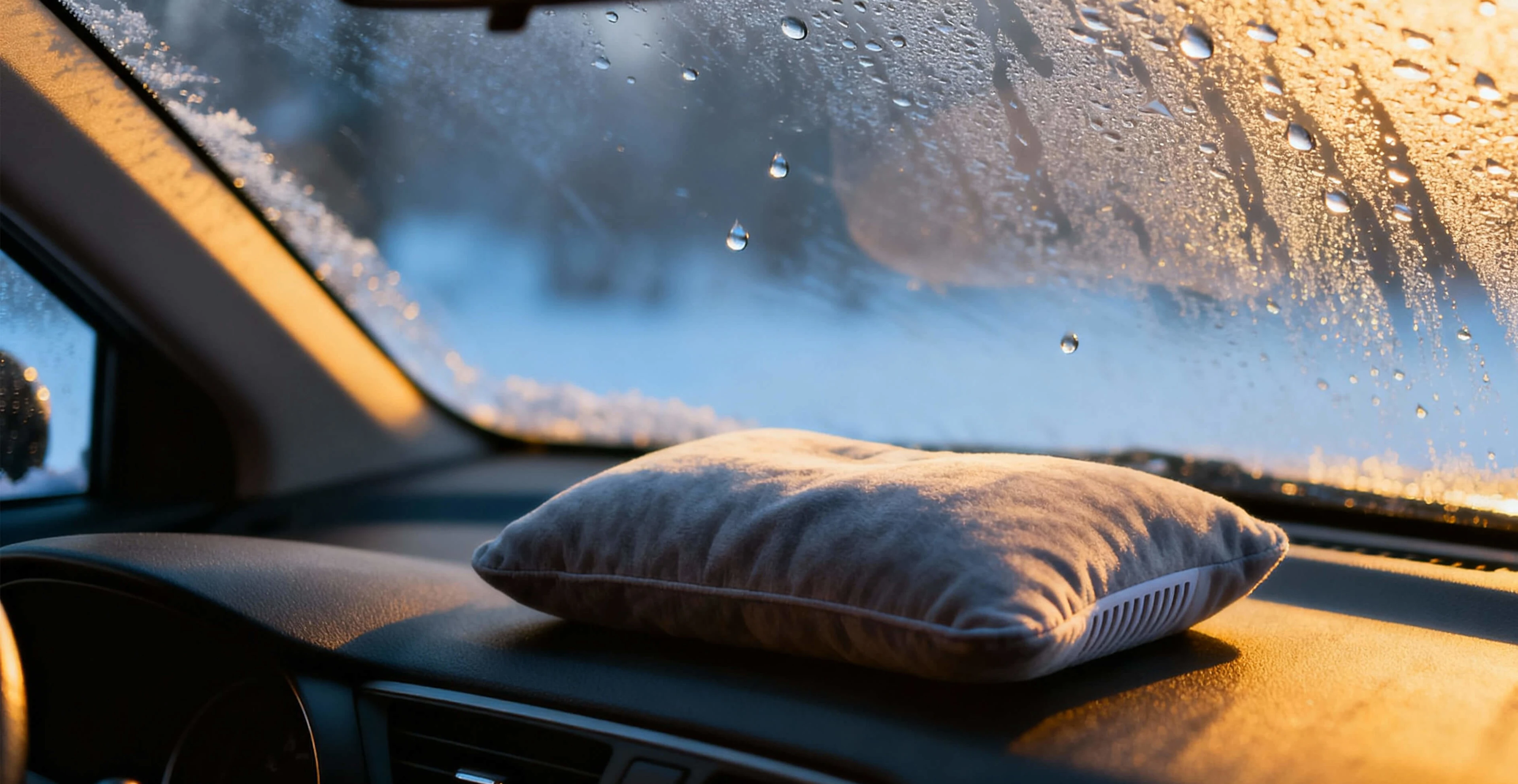 Entfeuchterkissen auf Armaturenbrett vor beschlagener Autoscheibe