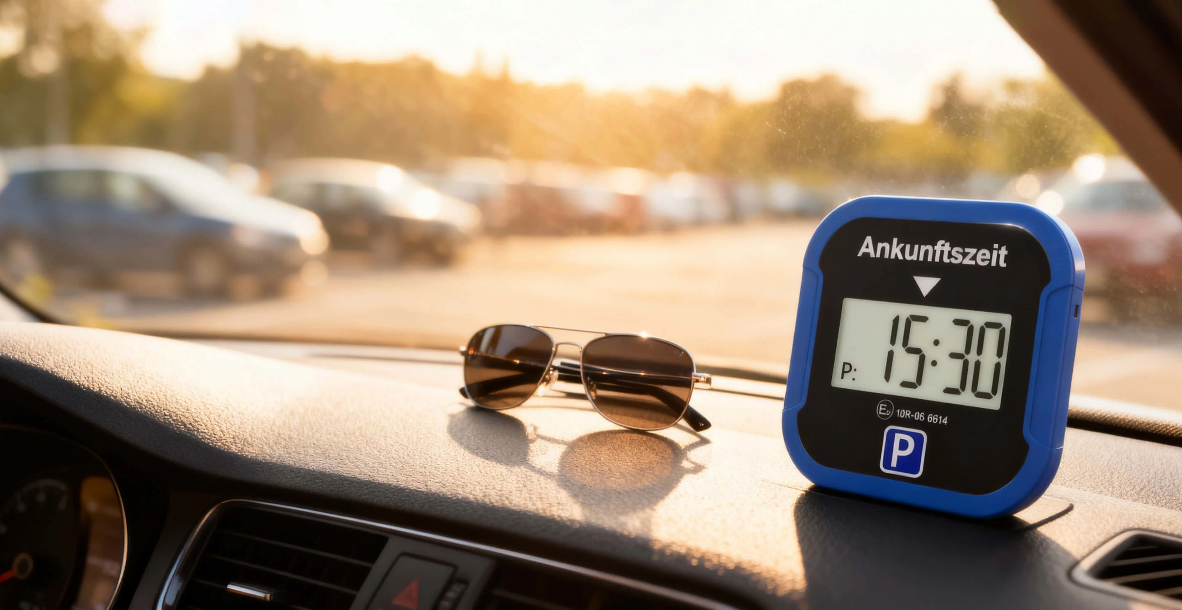Elektronische Parkscheibe auf dem Amaturenbrett im Auto