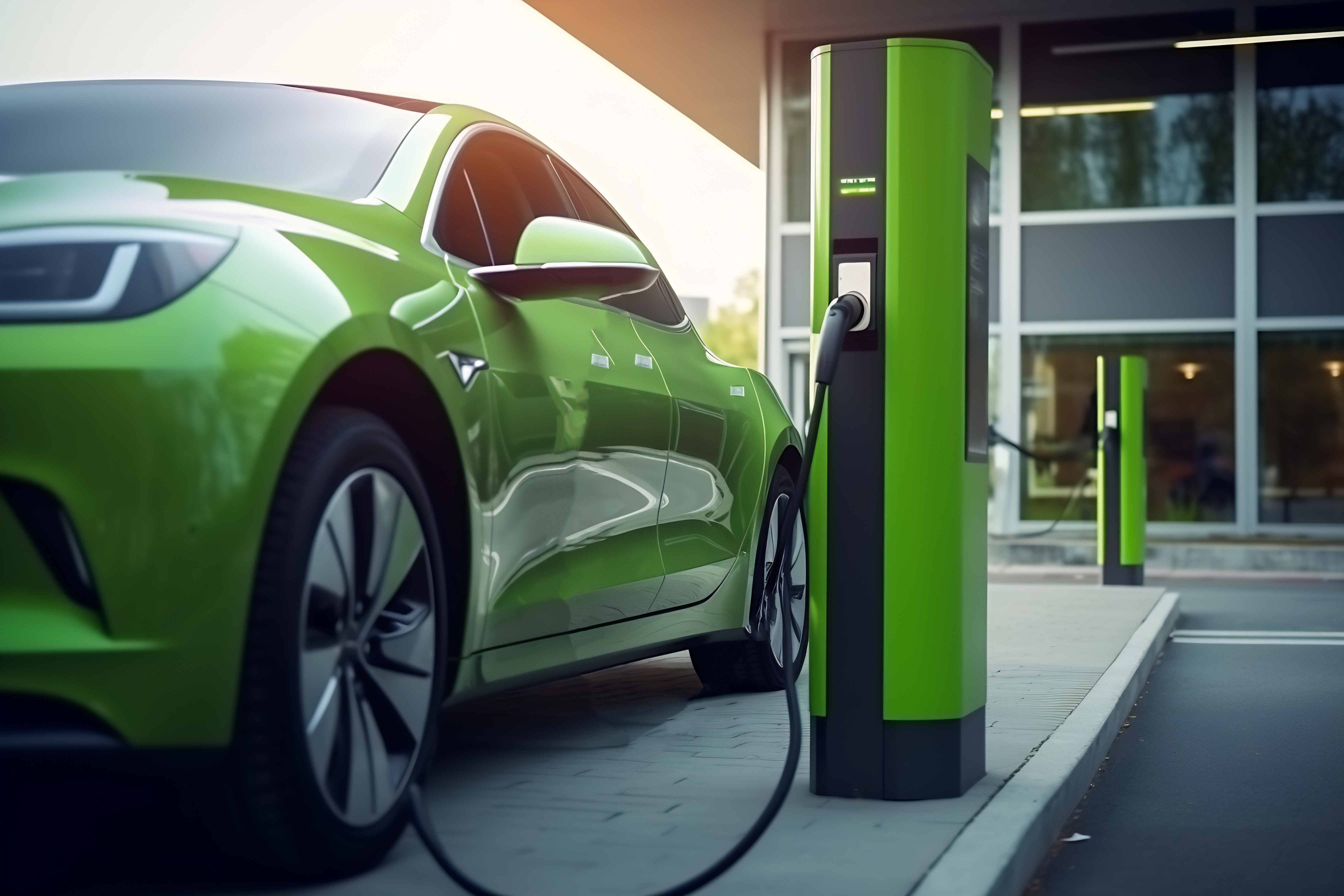 Grünes Elektroauto wird an einer grünen Ladestation geladen