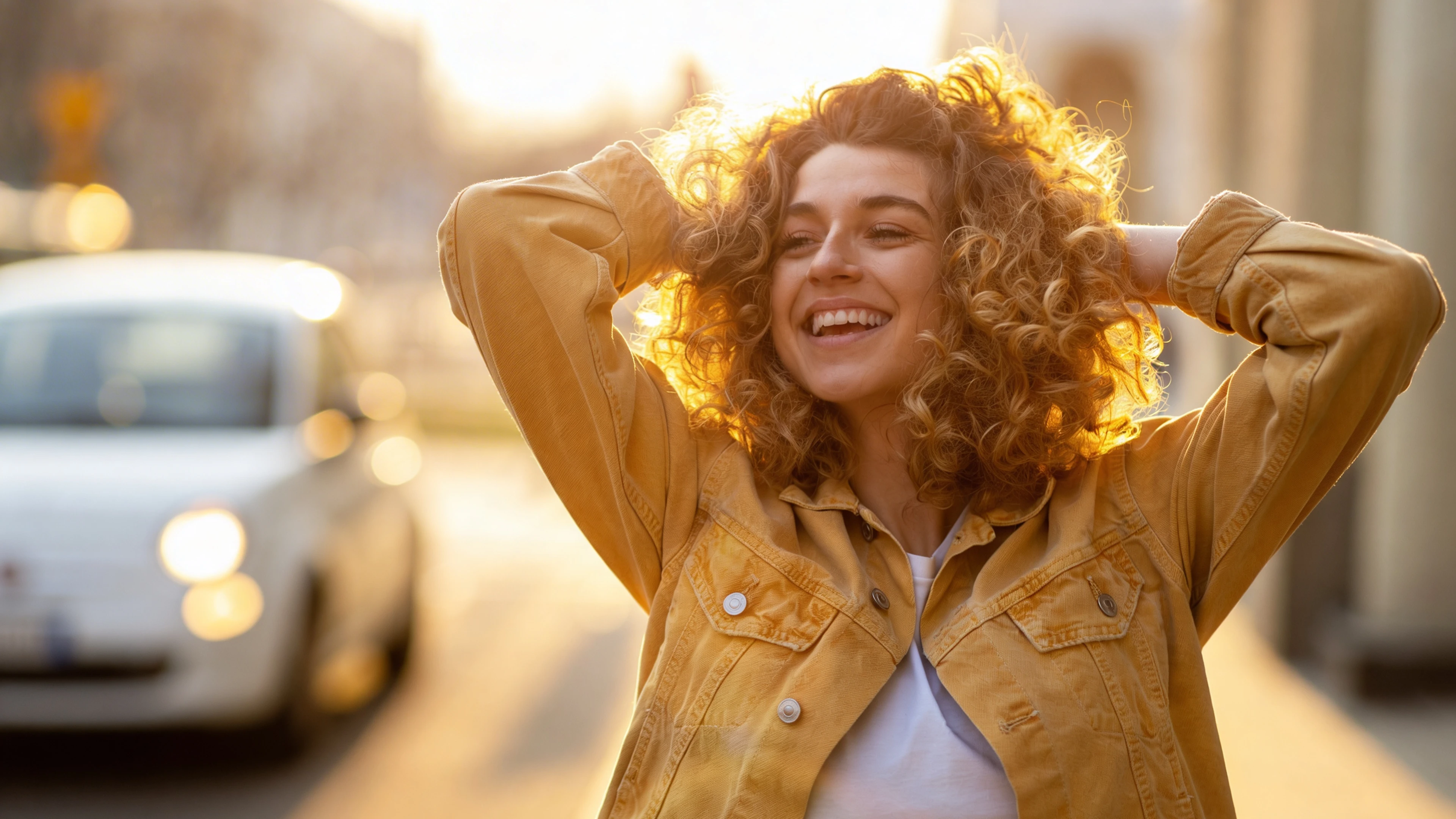 Frau auf der Strasse wird von hinten von der Sonne beleuchtet