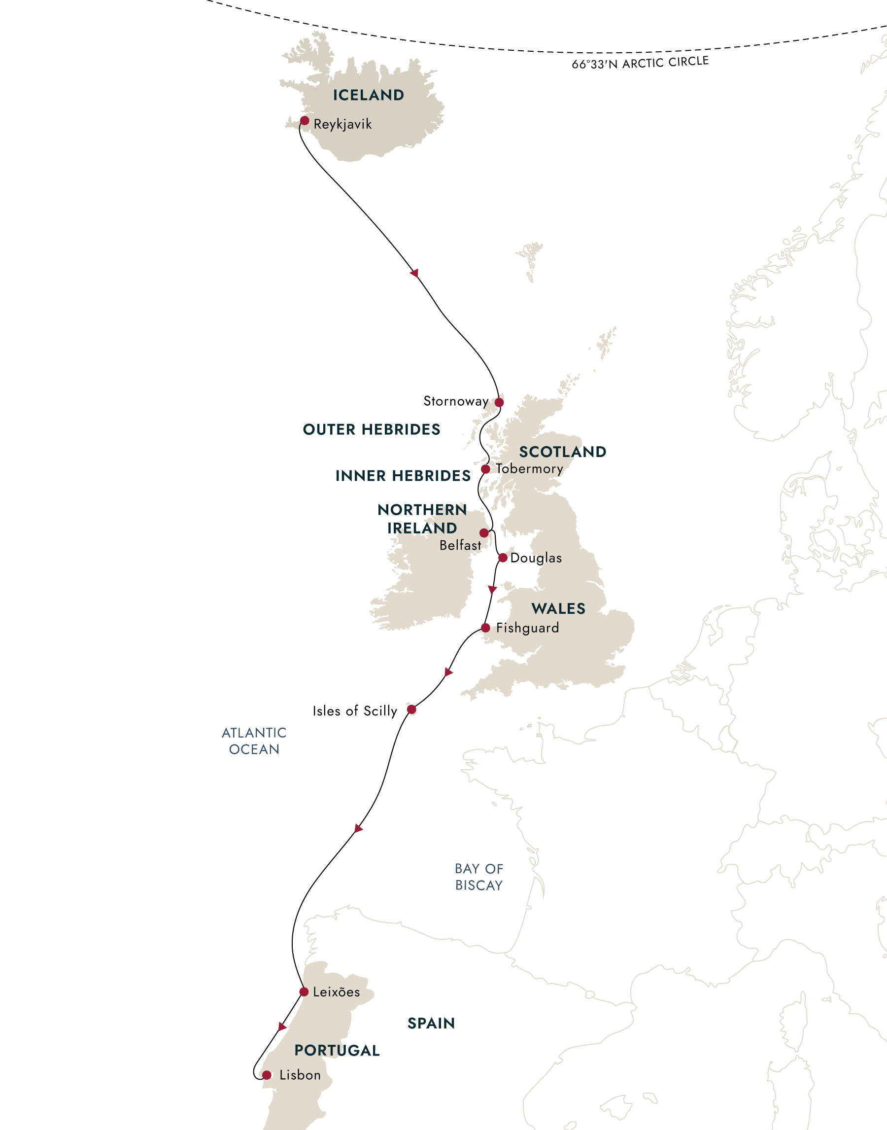 Northern Shores & Celtic Coasts – Reykjavík to Lisbon – route map