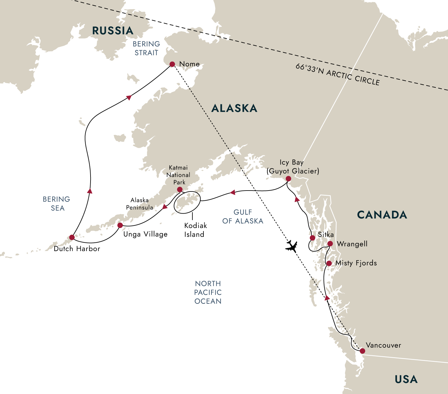 Alaska and British Columbia – Inside Passage, Bears and Aleutian Islands (Northbound) – route map
