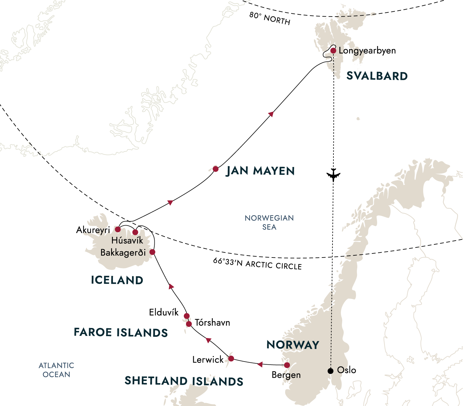 Faroe Islands, Iceland, Spitsbergen – Island Hopping in and around the Arctic (Northbound) – route map