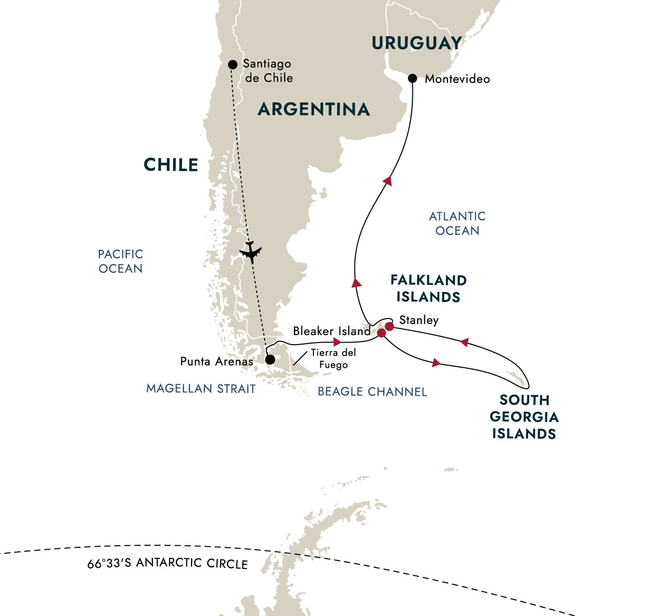 South Georgia & Falklands - From Punta Arenas to Montevideo – route map