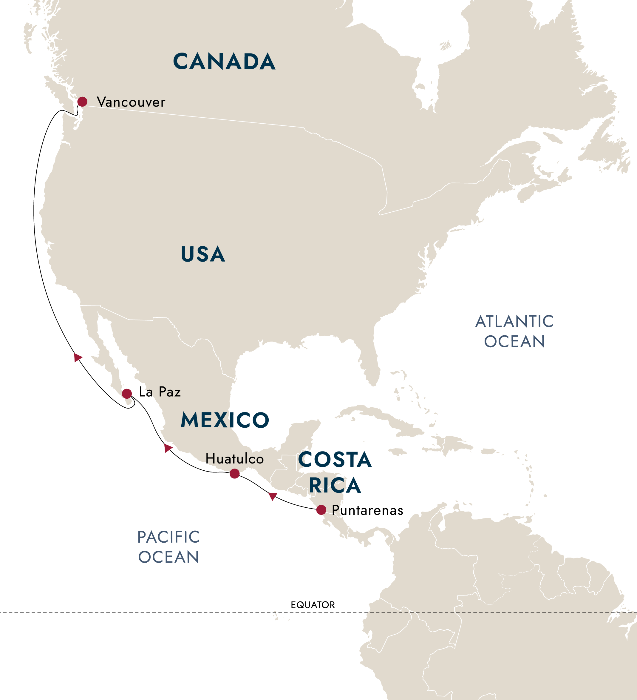 Pacific Passage – Puntarenas to Vancouver – route map