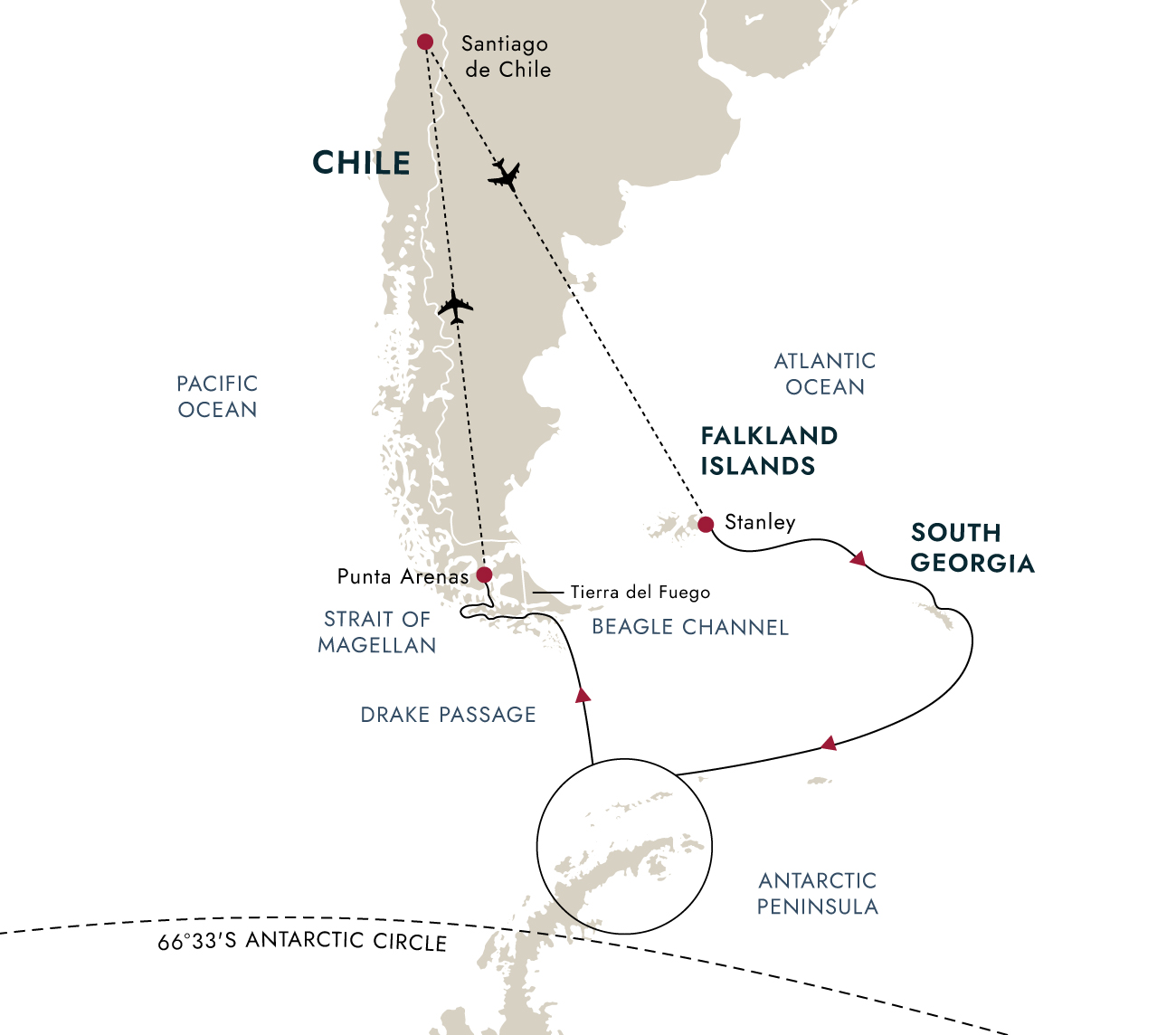 In-depth Antarctica, Falklands & South Georgia Expedition – route map