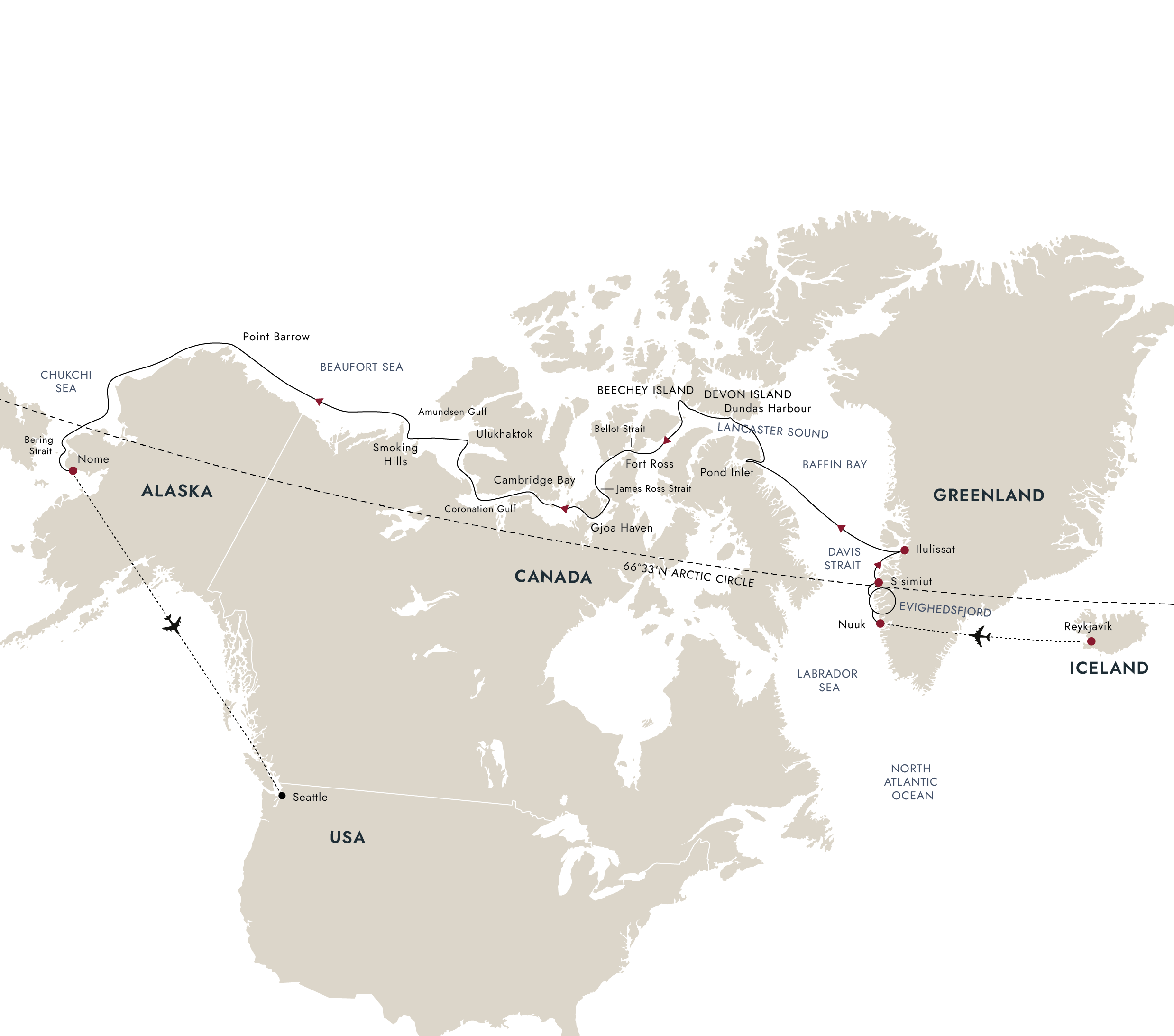 Northwest Passage-Through the Arctic Labyrinth (Greenland to Alaska) Itinerary Map