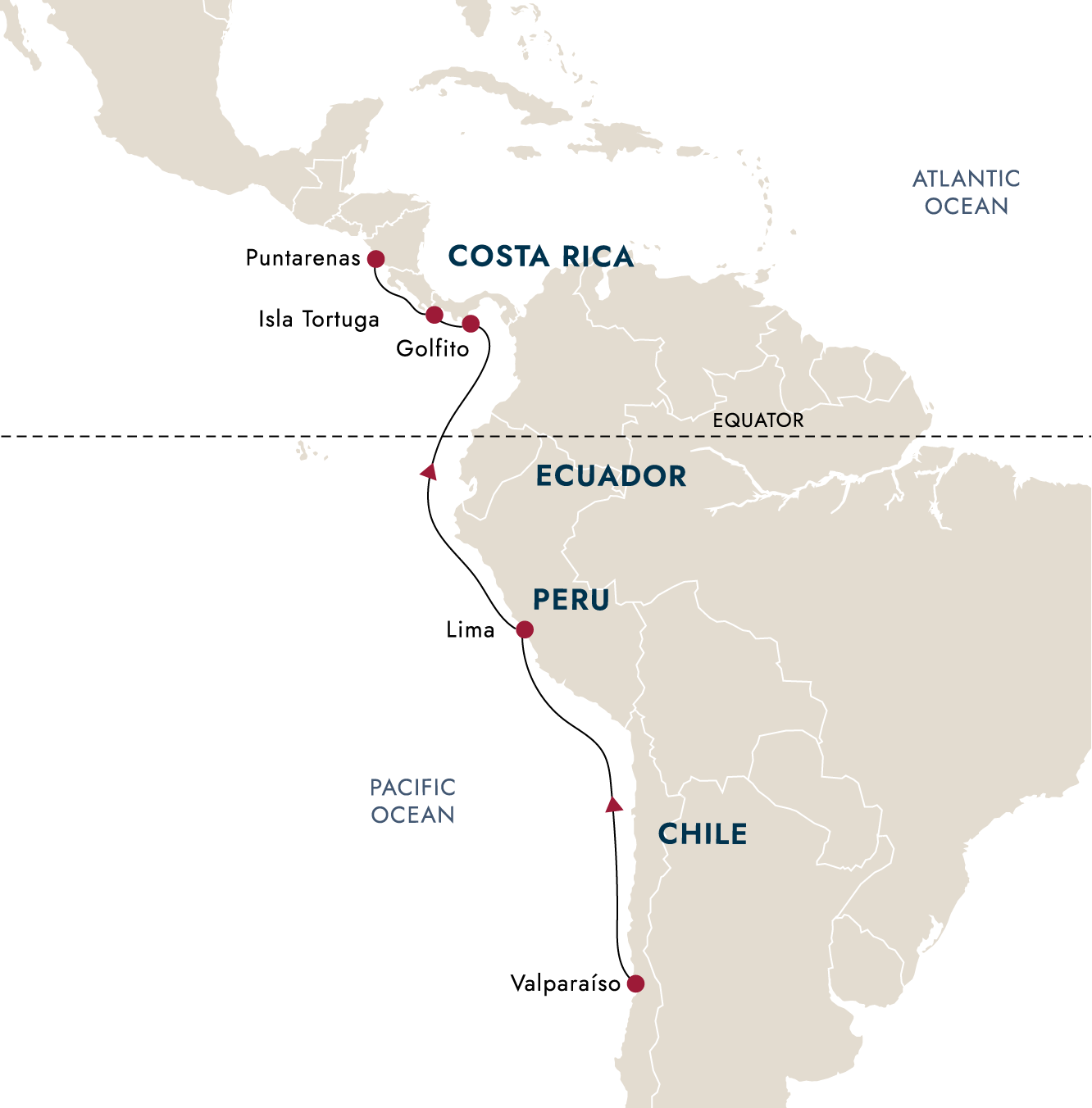Pacific Passage – Valparaíso to Puntarenas – route map