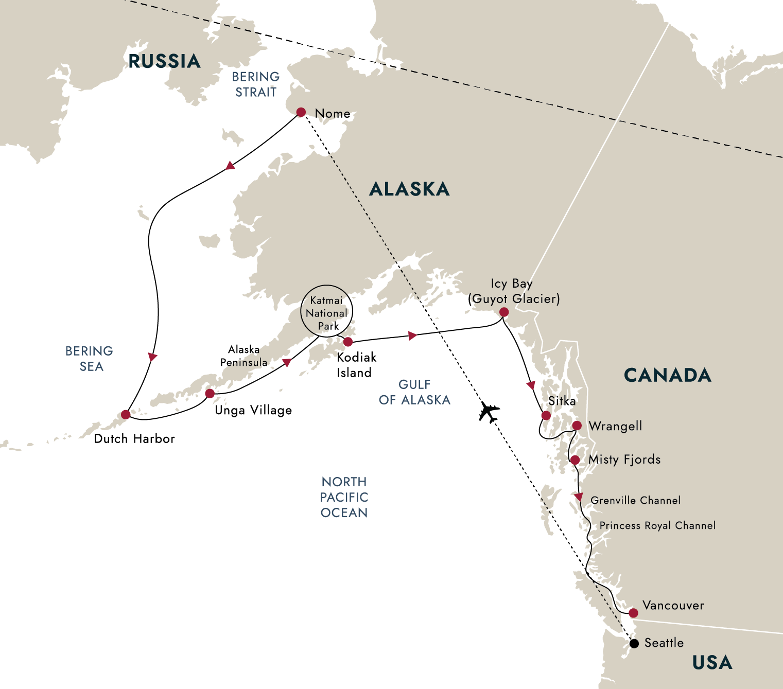 Alaska & British Columbia – Inside Passage, Bears and Aleutian Islands – Southbound – route map