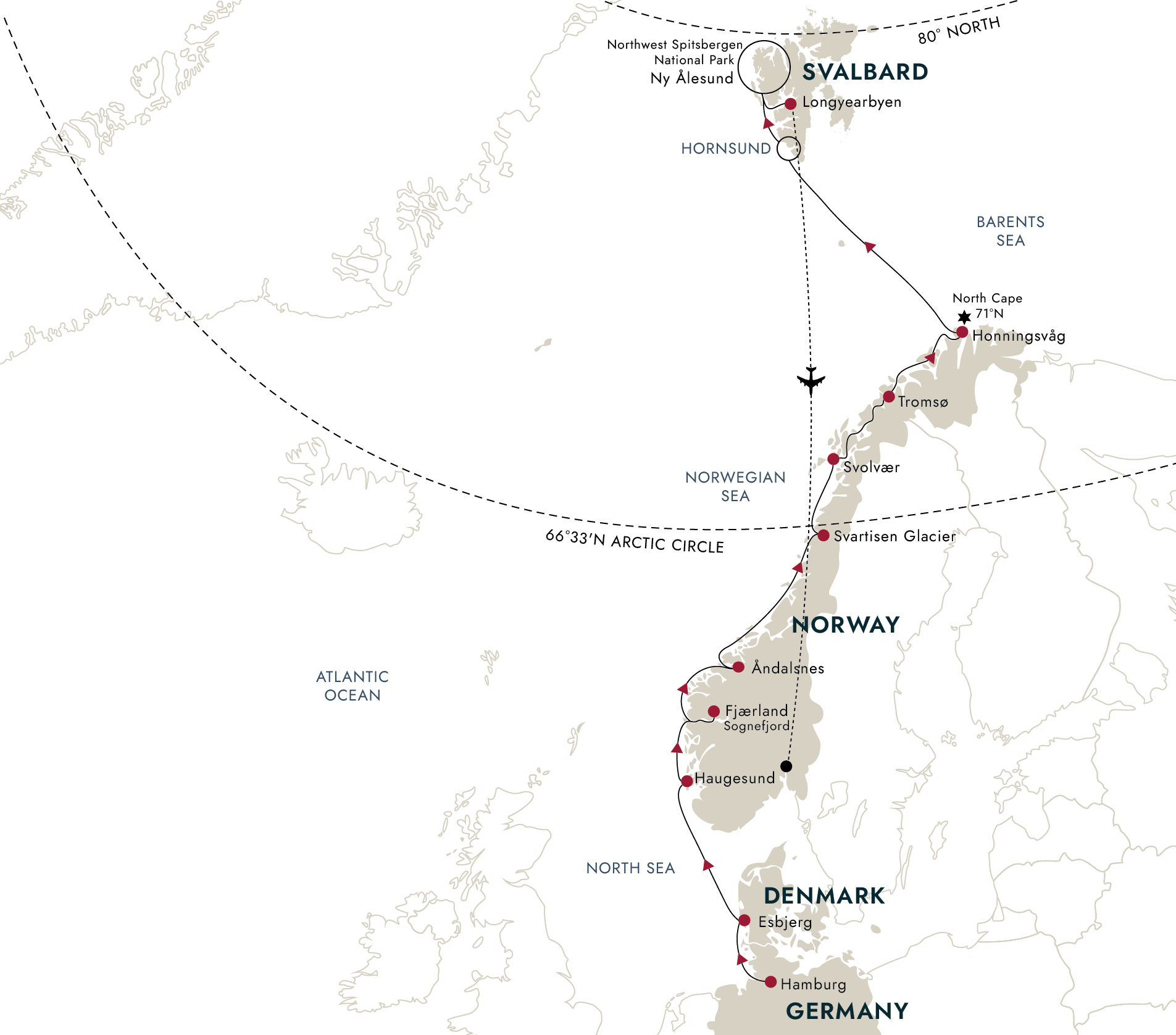 Sublime Svalbard – From Hamburg via Norway’s Springtime Fjords (2027) – route map