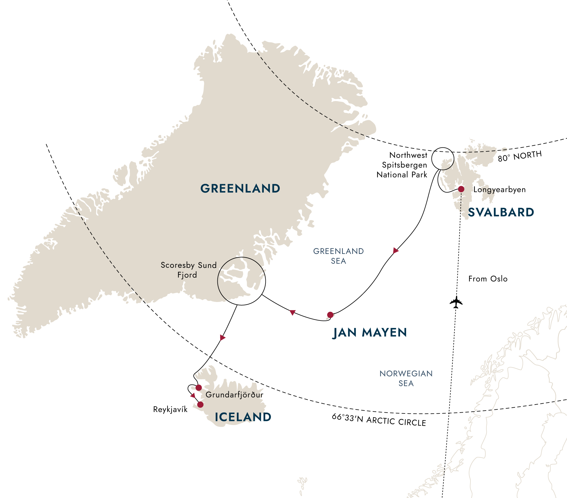 Arctic Islands Discovery – Svalbard, Jan Mayen, Greenland and Iceland – route map