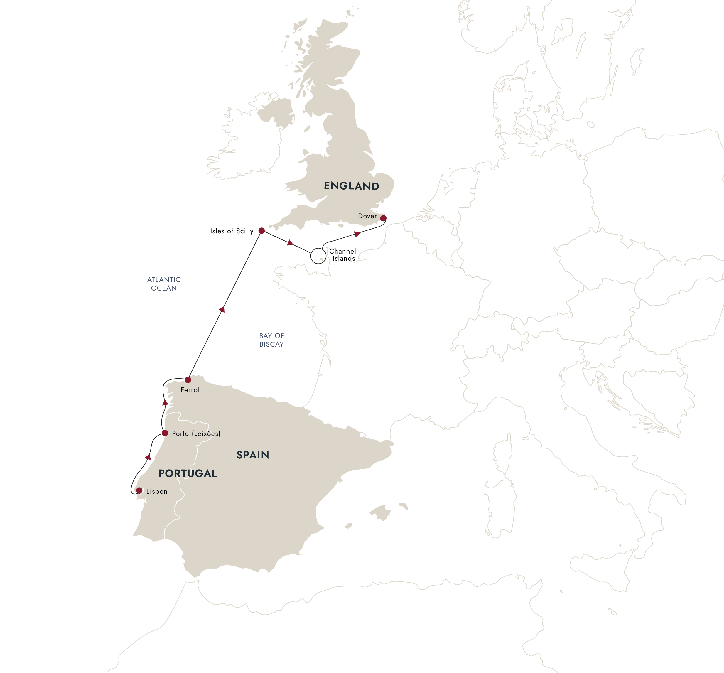 European Spring Explorer-From Lisbon to Dover Itinerary Map
