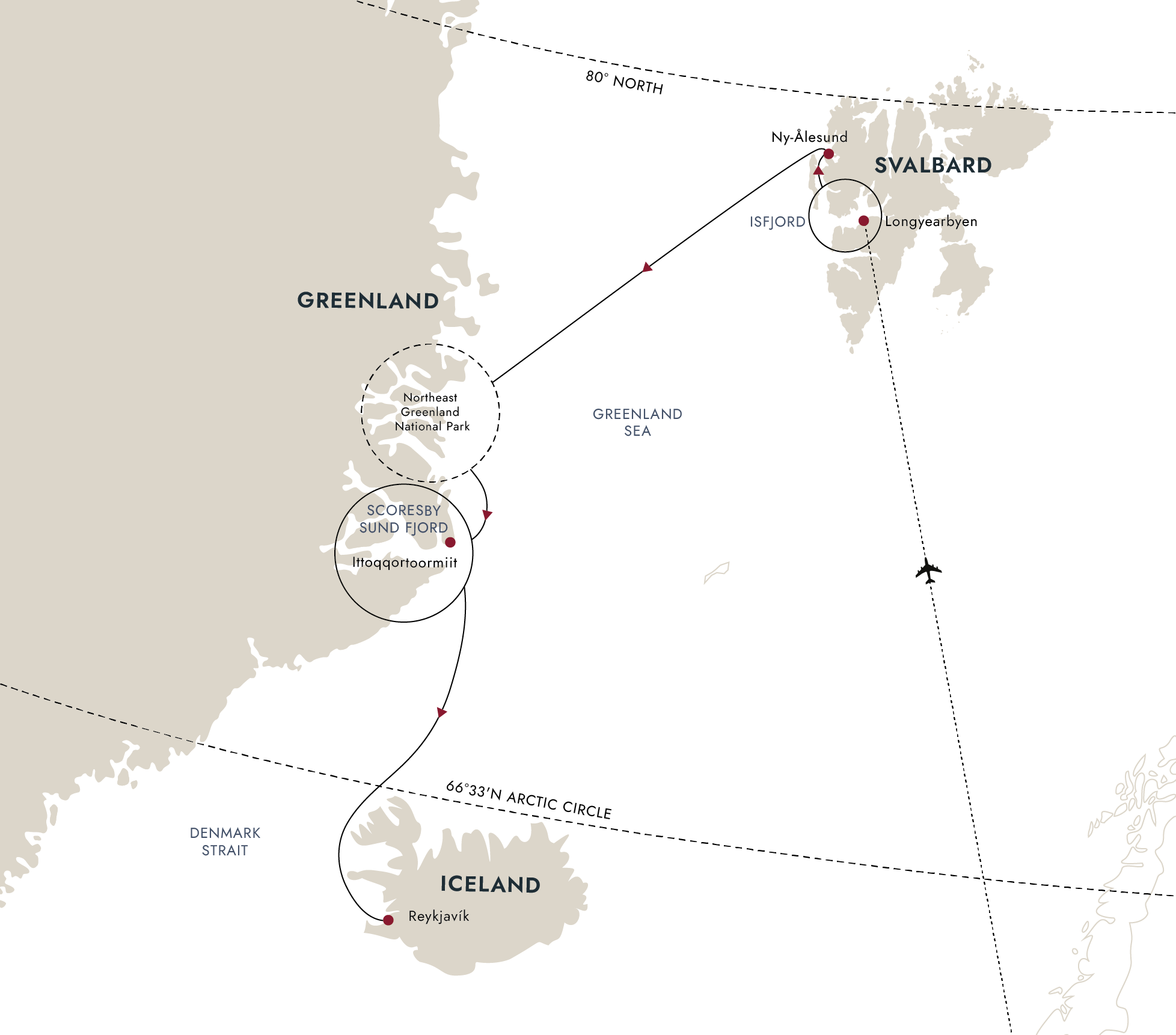 Arctic Island Odyssey – Svalbard, Greenland and Iceland – route map