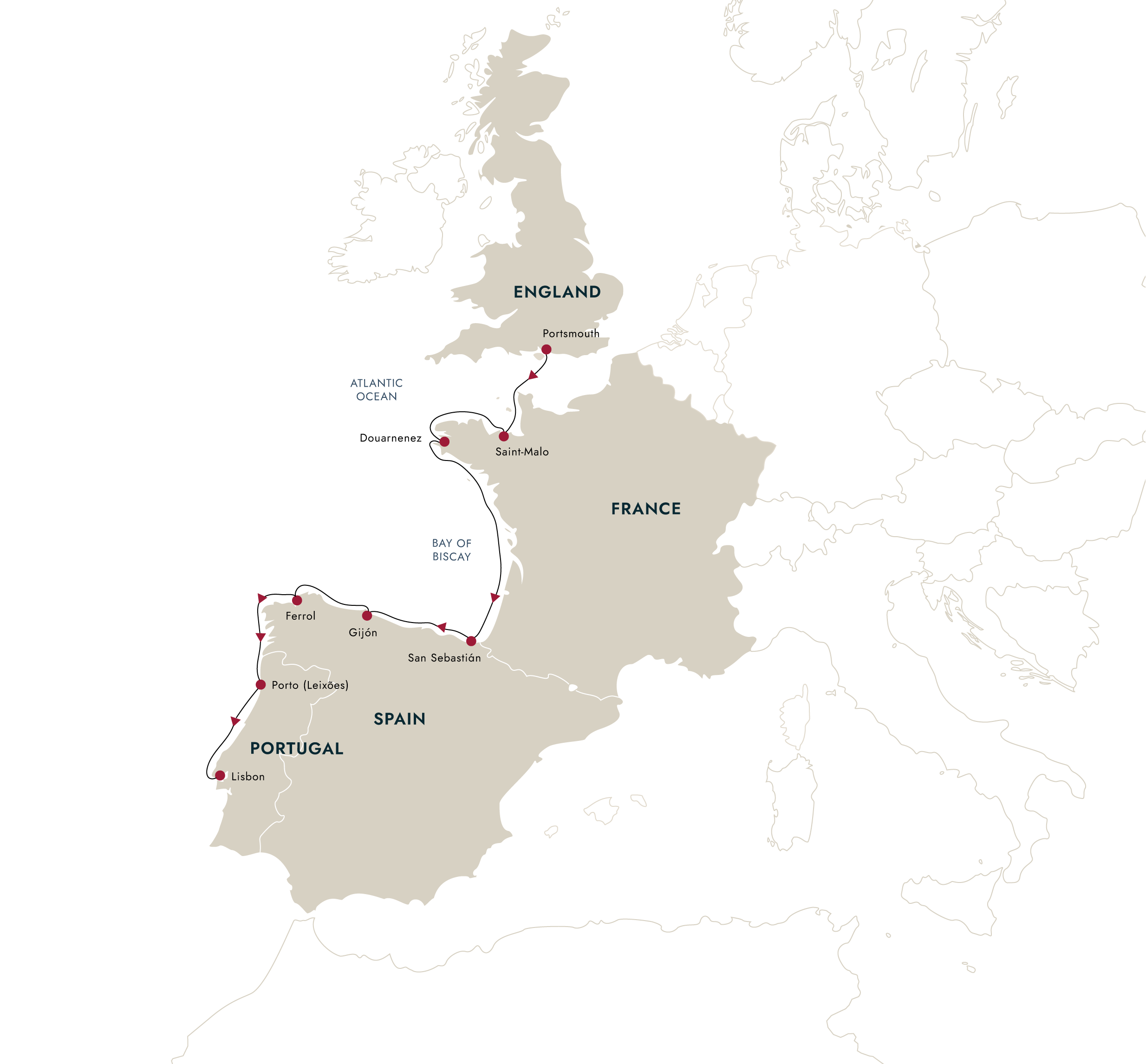Europe´s Atlantic Highlights - From Portsmouth to Lisbon – route map