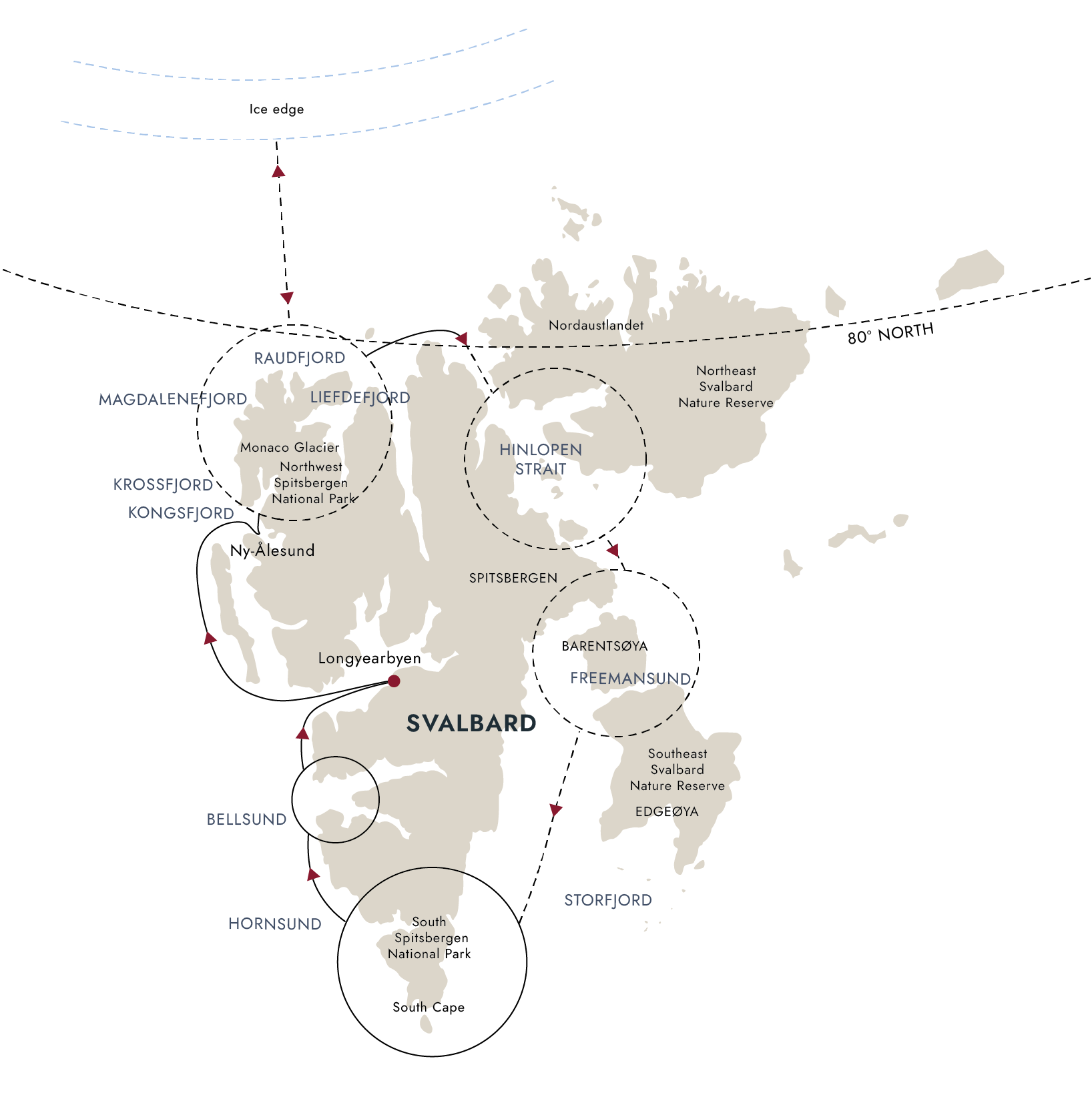 Circumnavigating Spitsbergen – In the realm of the Polar Bear Itinerary Map