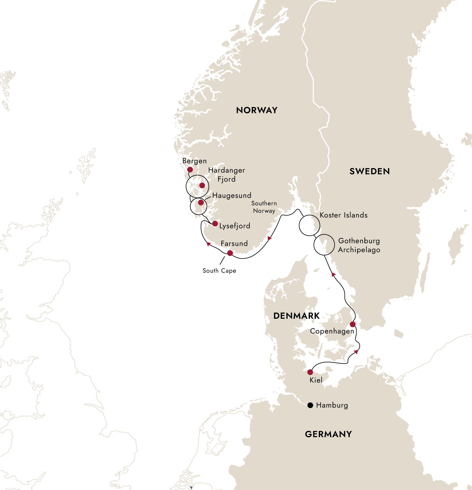 Southern Scandinavia: Between Norwegian Fjords and Swedish Isles (Northbound) – route map