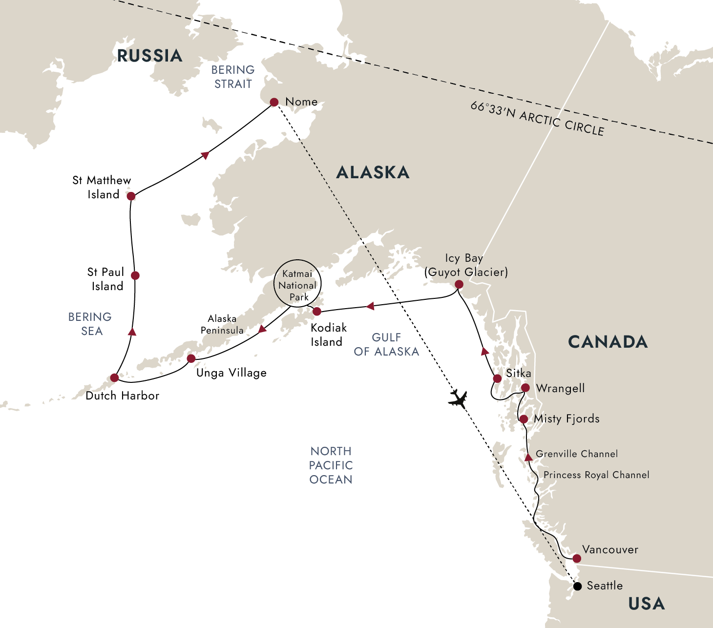 Alaska and British Columbia – Inside Passage, Bears and Aleutian Islands (Northbound) Itinerary Map
