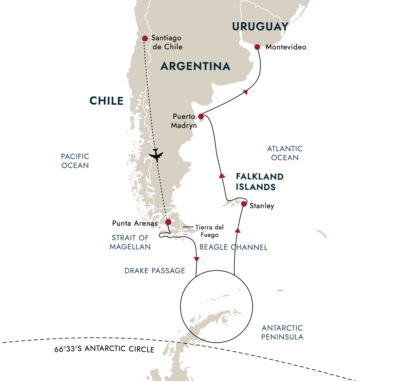 Antarctica & Falklands Expedition - From Punta Arenas to Montevideo – route map