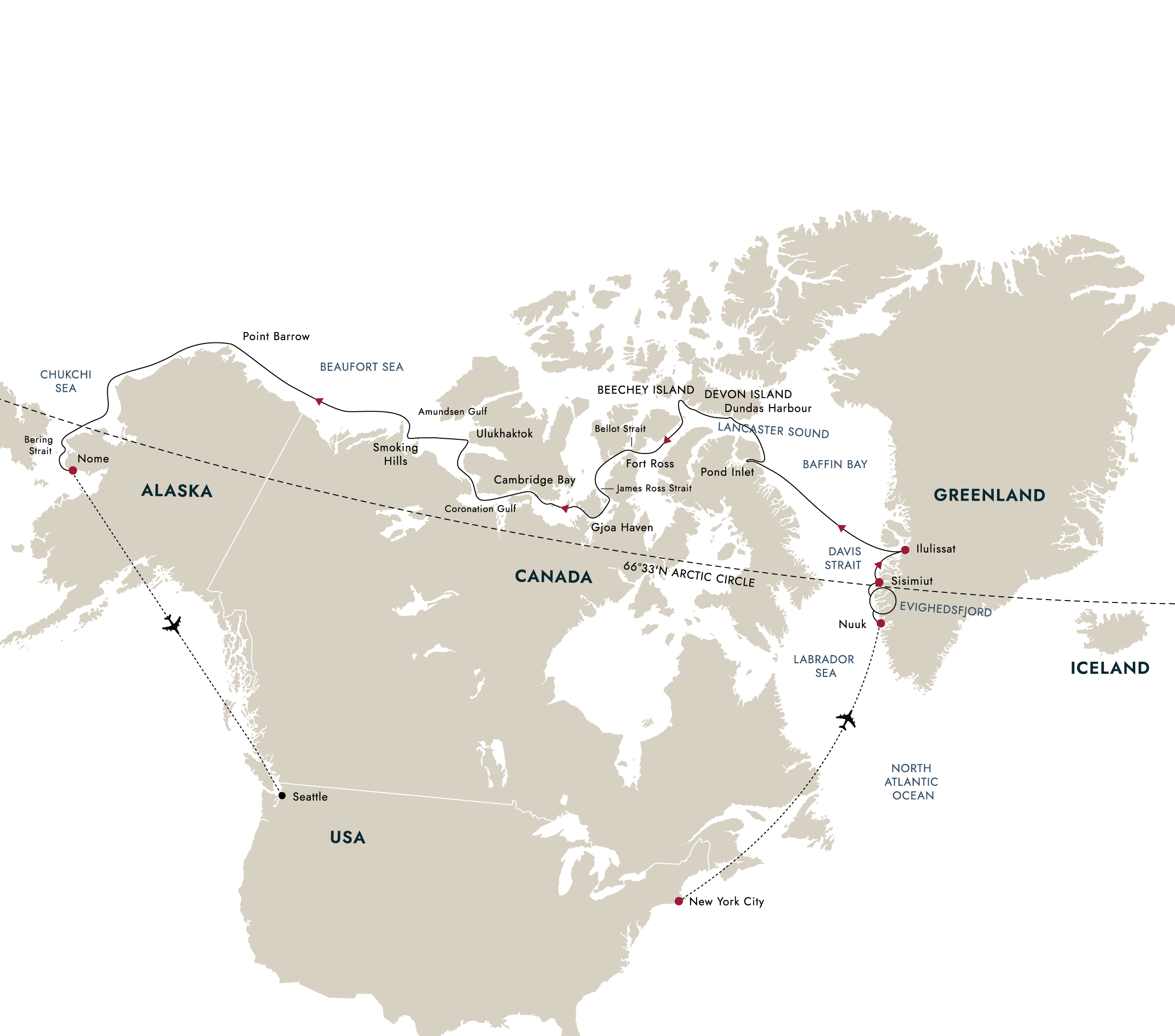 Northwest Passage-Through the Arctic Labyrinth (Greenland to Alaska) | Flight from New York Included Itinerary Map