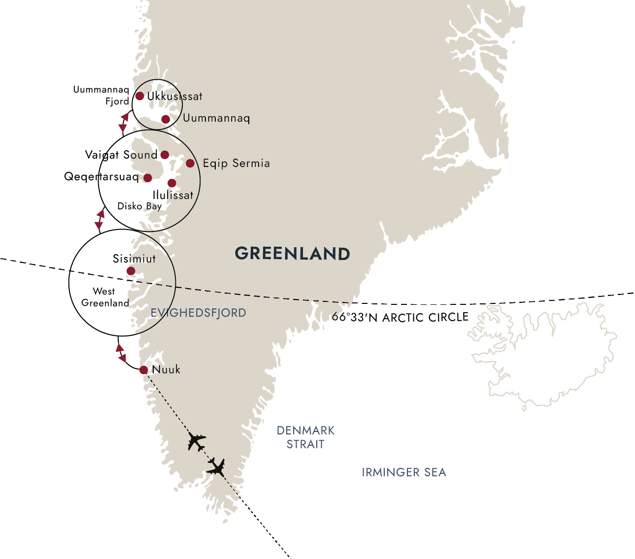 Grand Greenland – The Icy Giants of Disko Bay (Copenhagen package) – route map