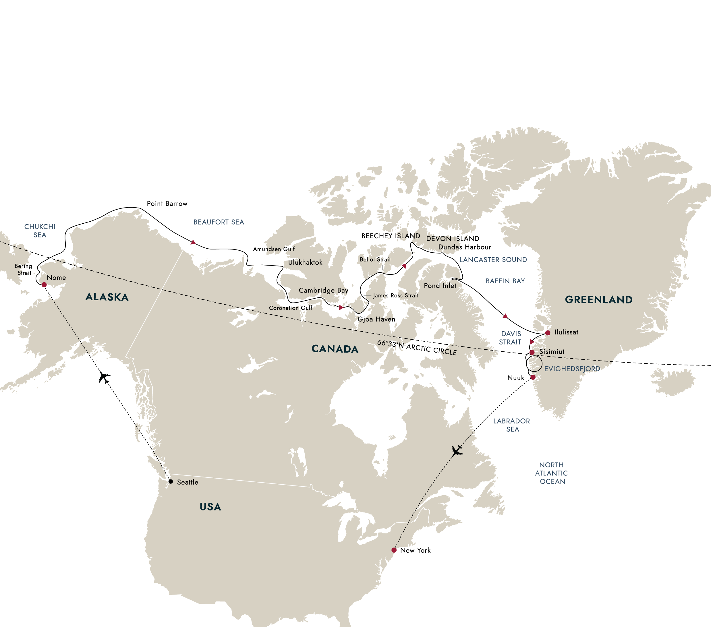 Northwest Passage – Across the Top of the World (Alaska to Greenland) (2027) – route map