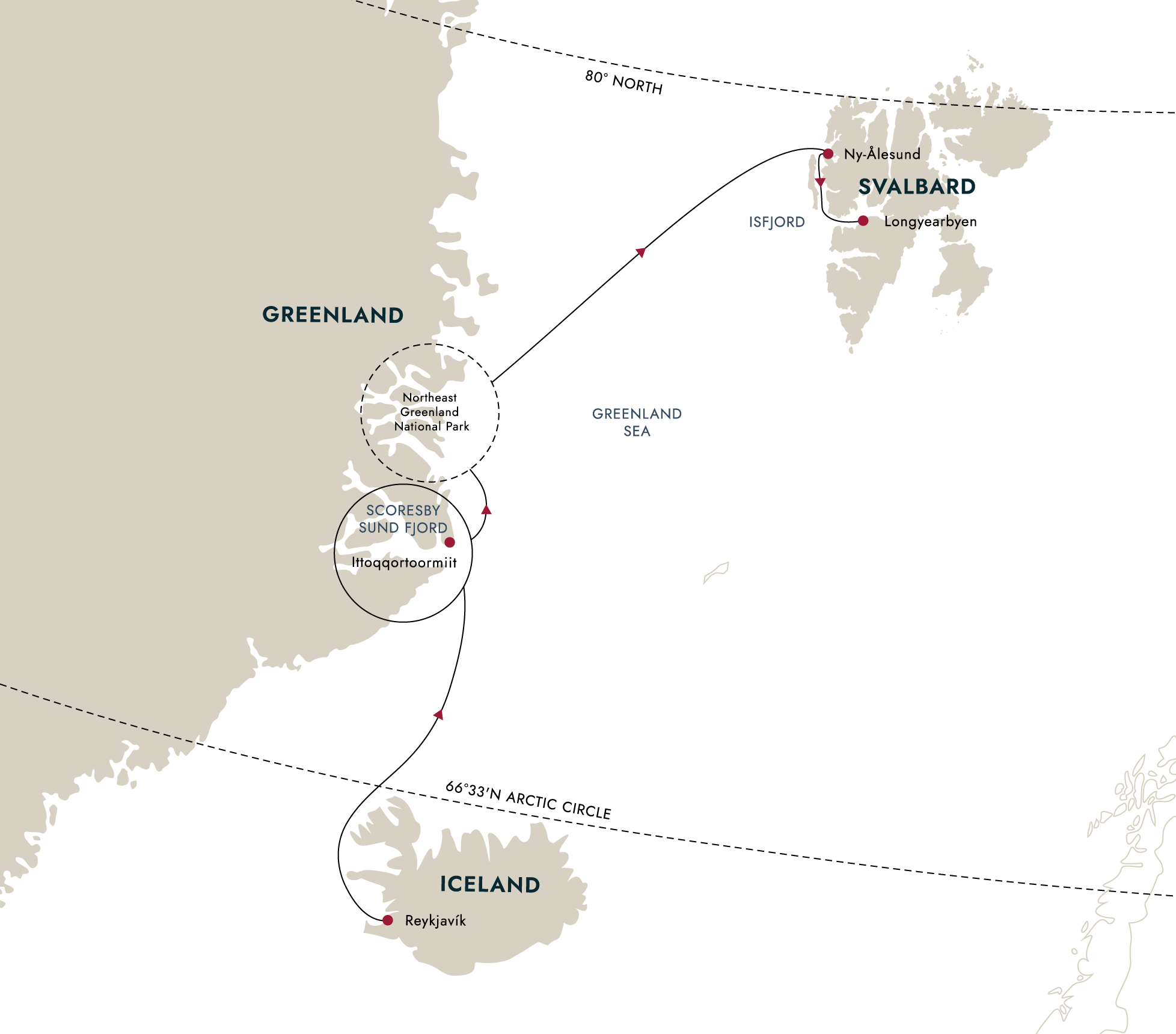 Arctic Island Odyssey – Iceland, Greenland, Svalbard (Northbound) – route map