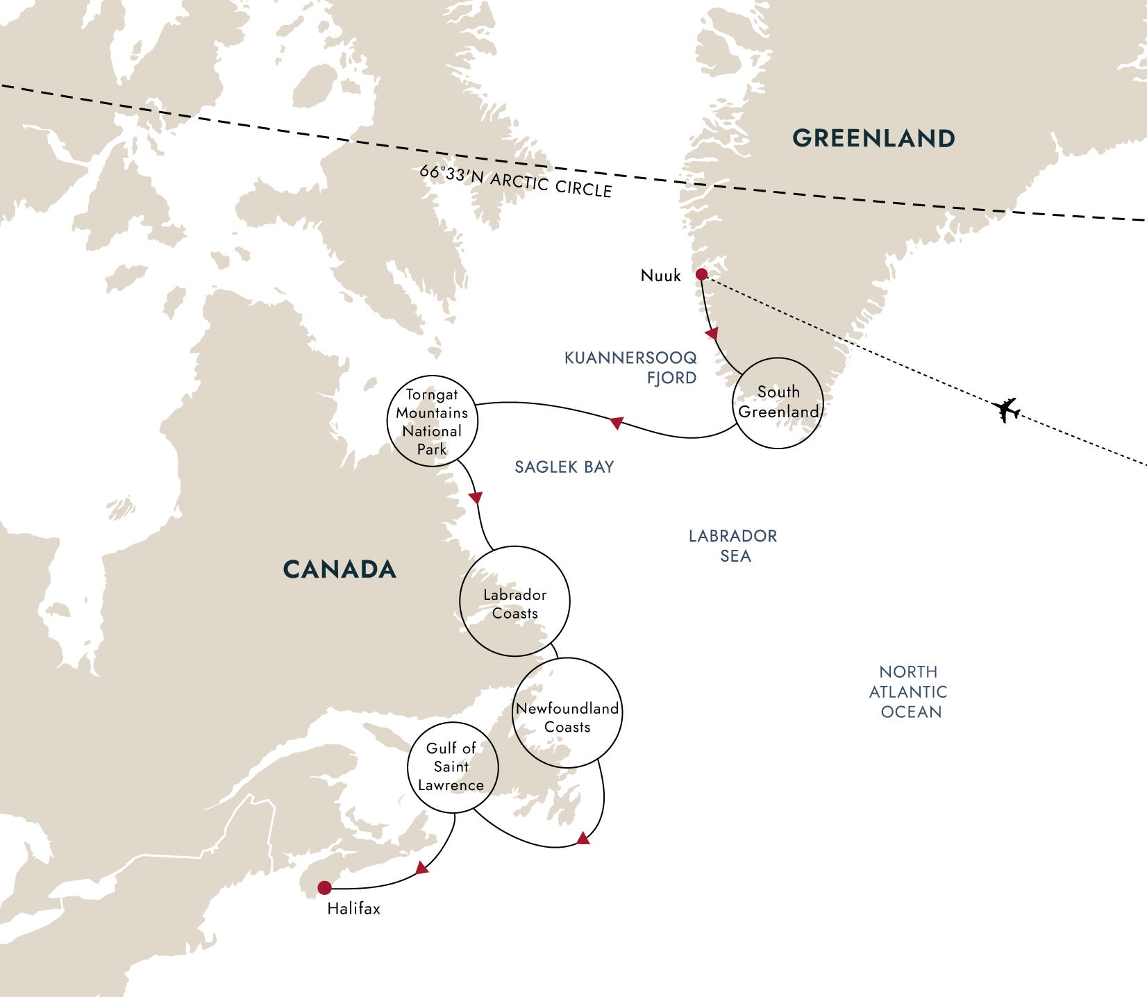 Greenland, Labrador, Newfoundland – Encounter at the Edge (2028) – route map