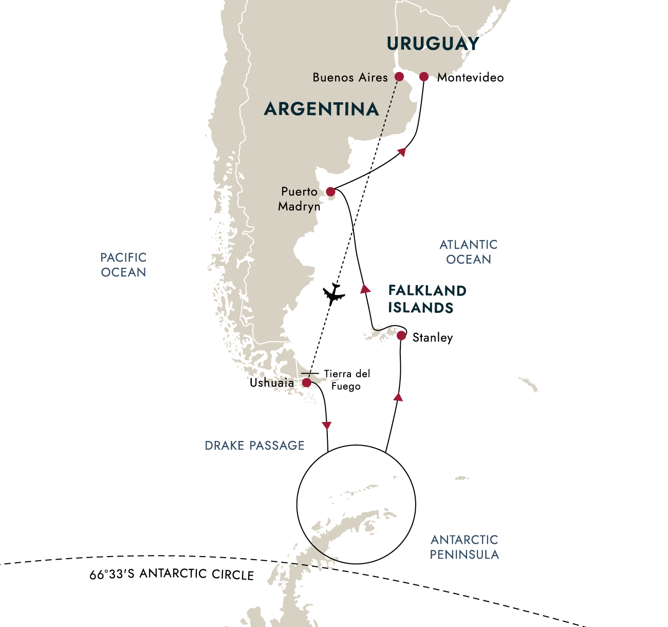 Antarctica & Falklands Expedition – Northbound – route map