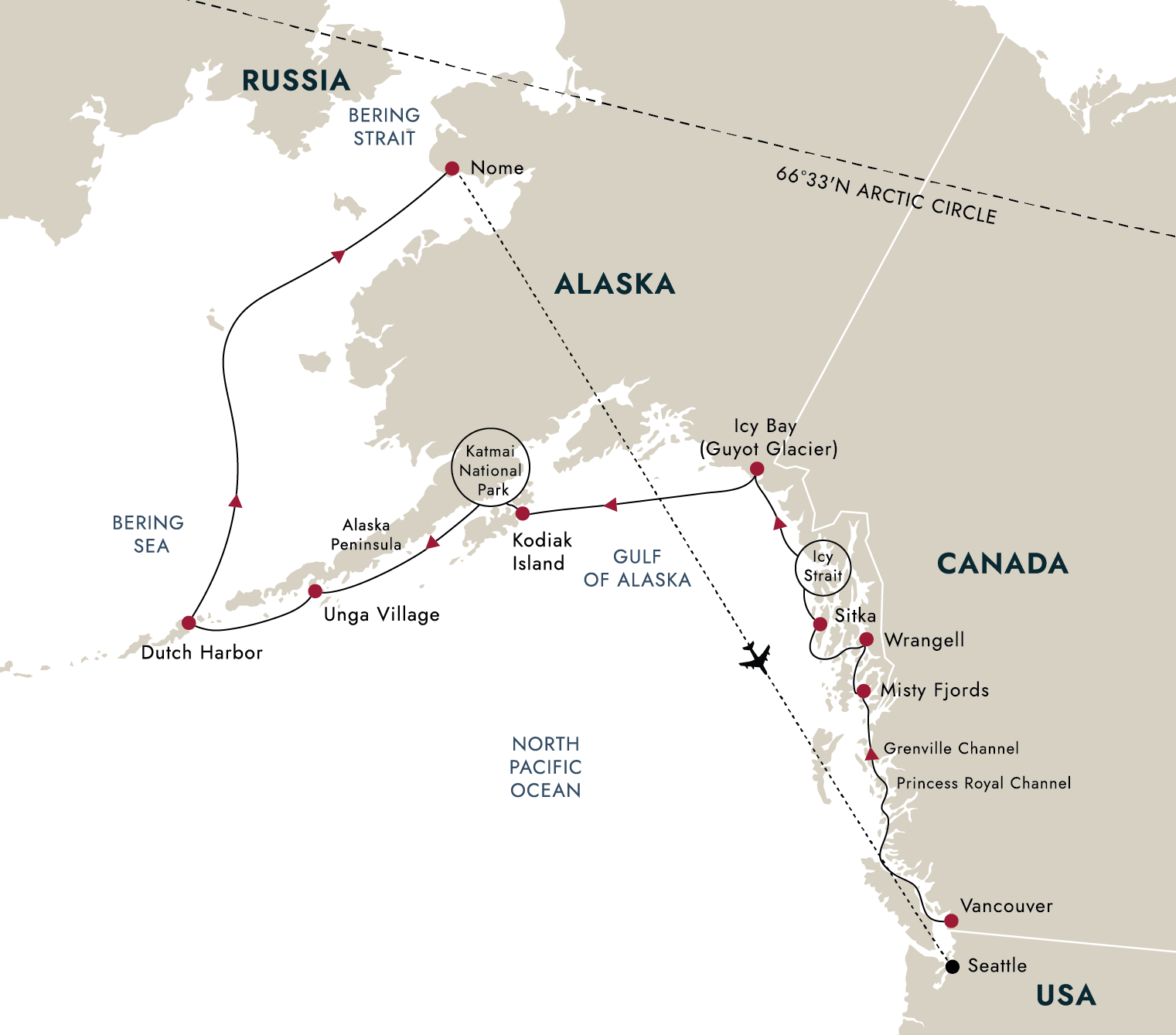Alaska and British Columbia – Inside Passage, Bears and Aleutian Islands (Northbound) – route map