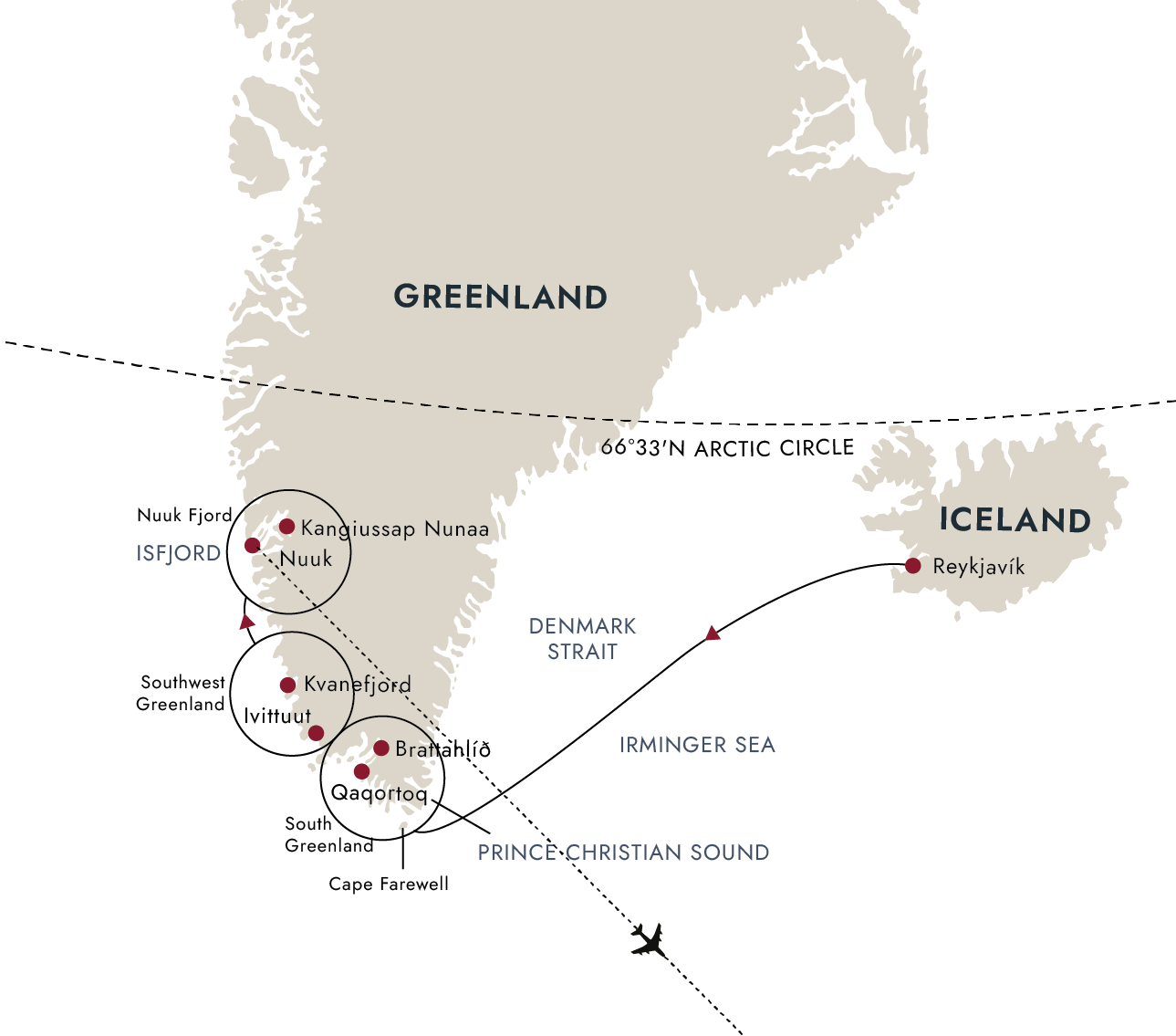 Discovering Greenland – From Reykjavík to Nuuk – route map