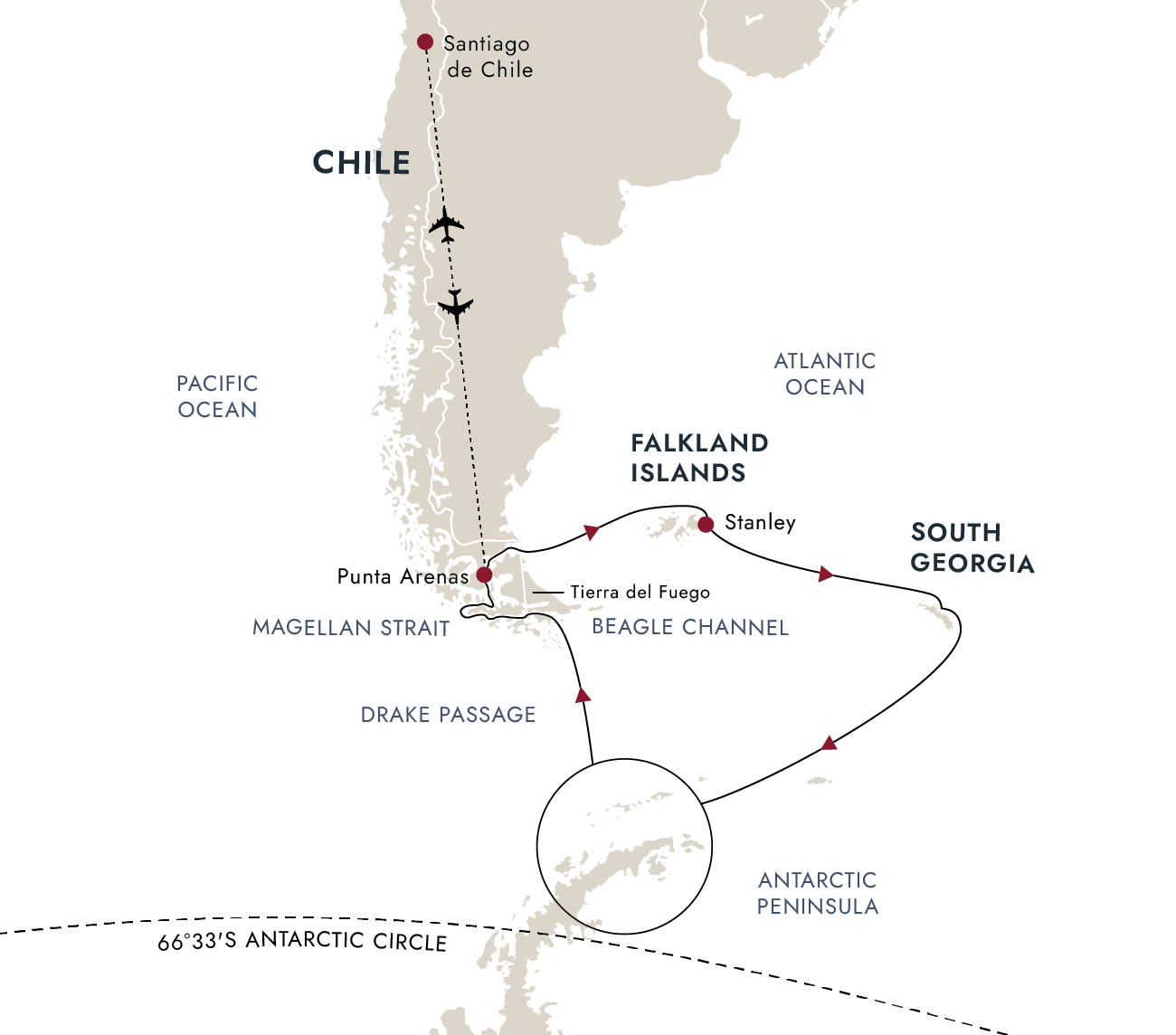 In-depth Antarctica, Falklands & South Georgia Expedition – route map