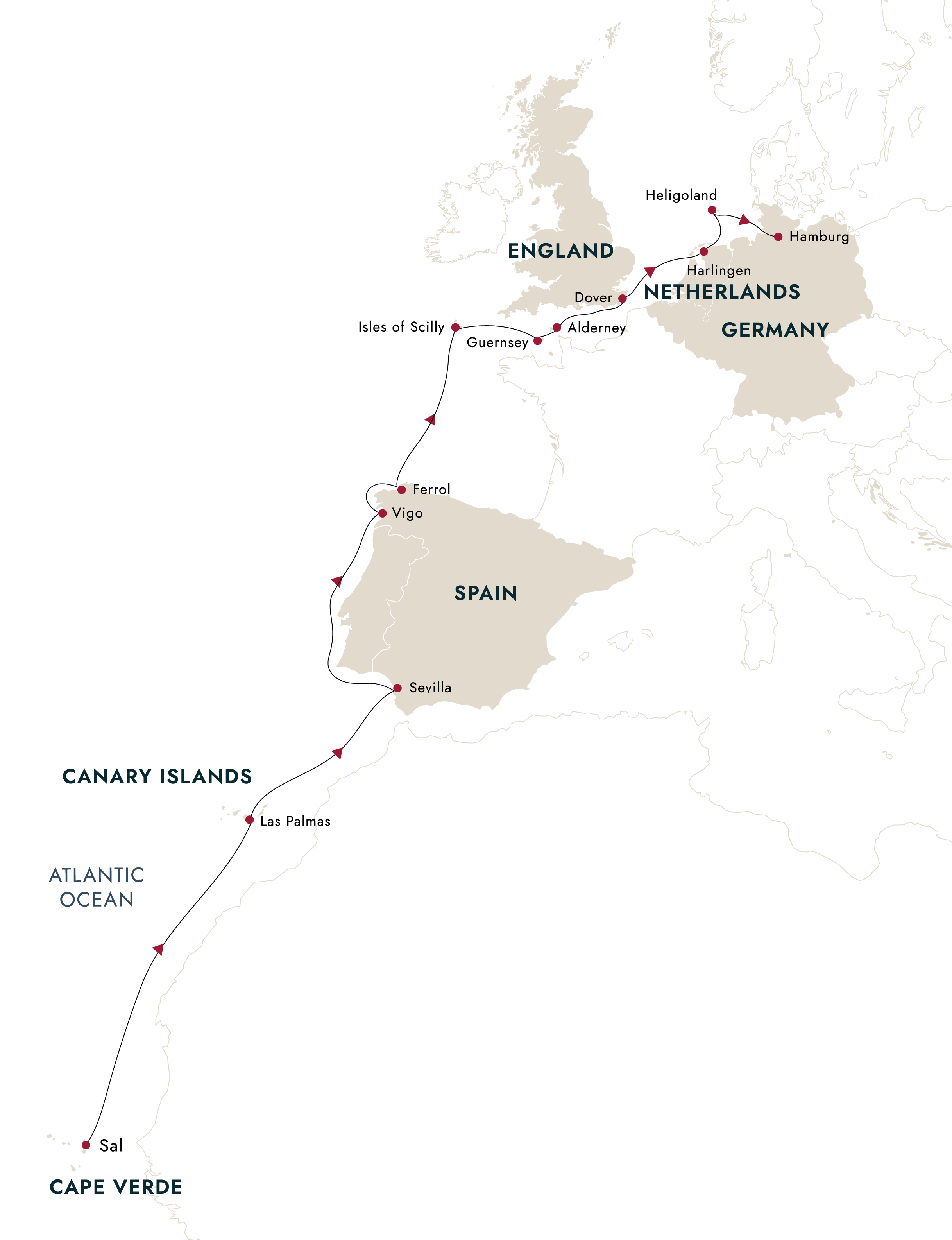Atlantic Discoveries – Cape Verde to Hamburg via Seville – route map