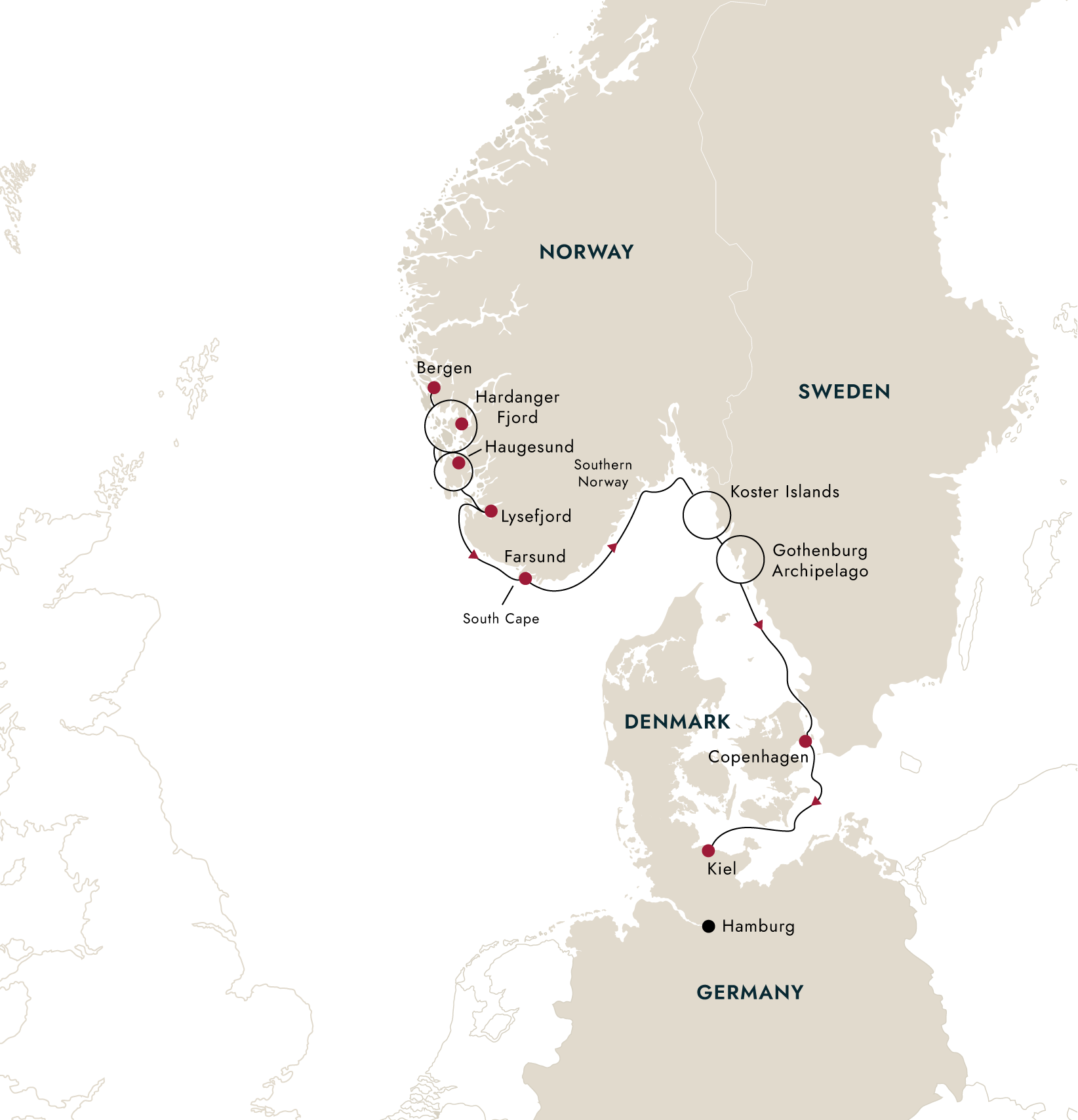 Southern Scandinavia: Between Norwegian Fjords and Swedish Isles (Southbound) – route map