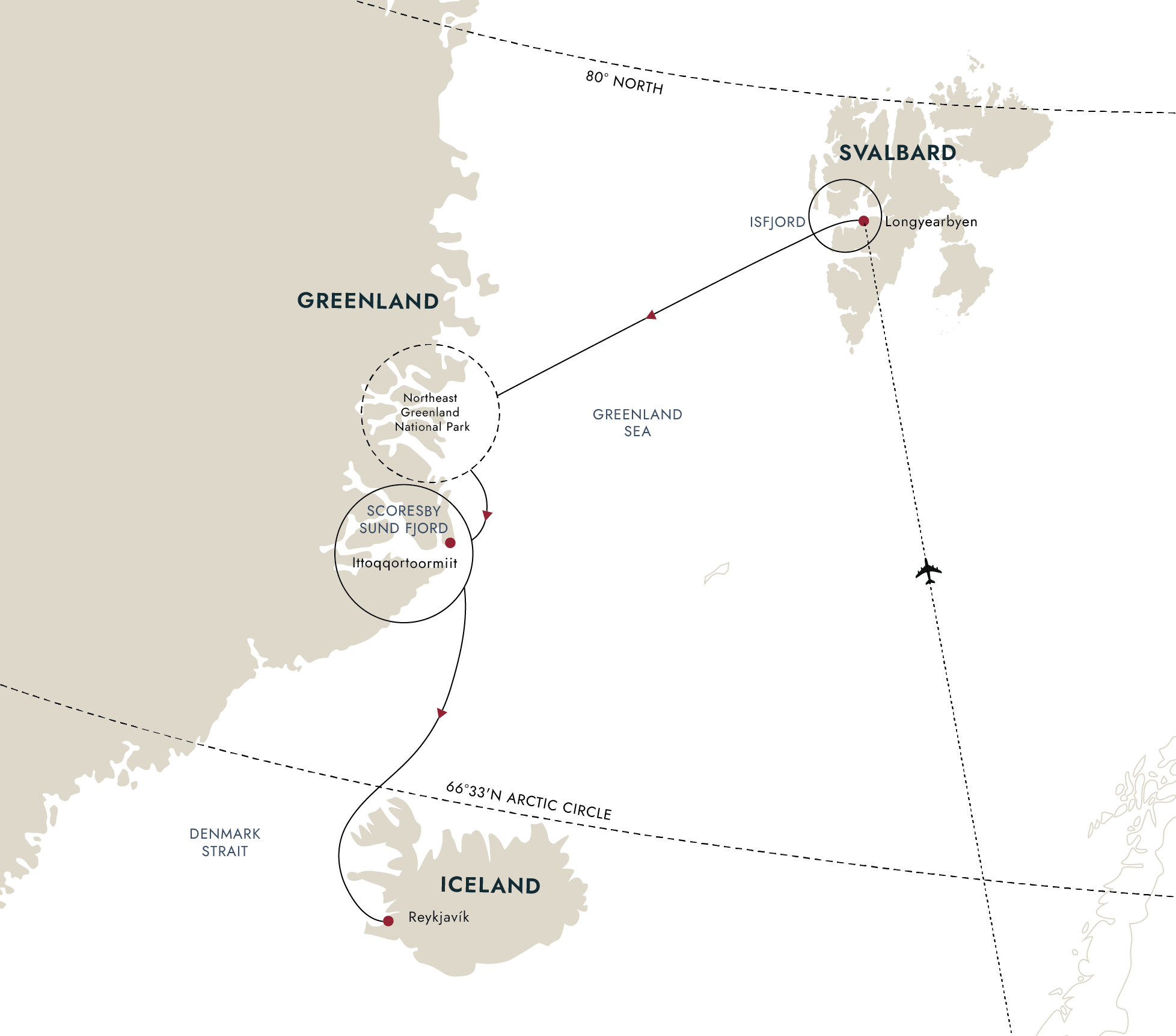 Solar Eclipse Expedition 2026-Greenland, Iceland, and Svalbard Itinerary Map