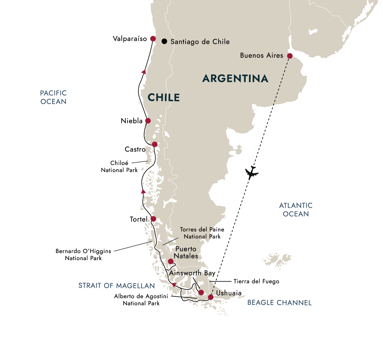 Chilean Fjords – Highlights of Patagonia – route map