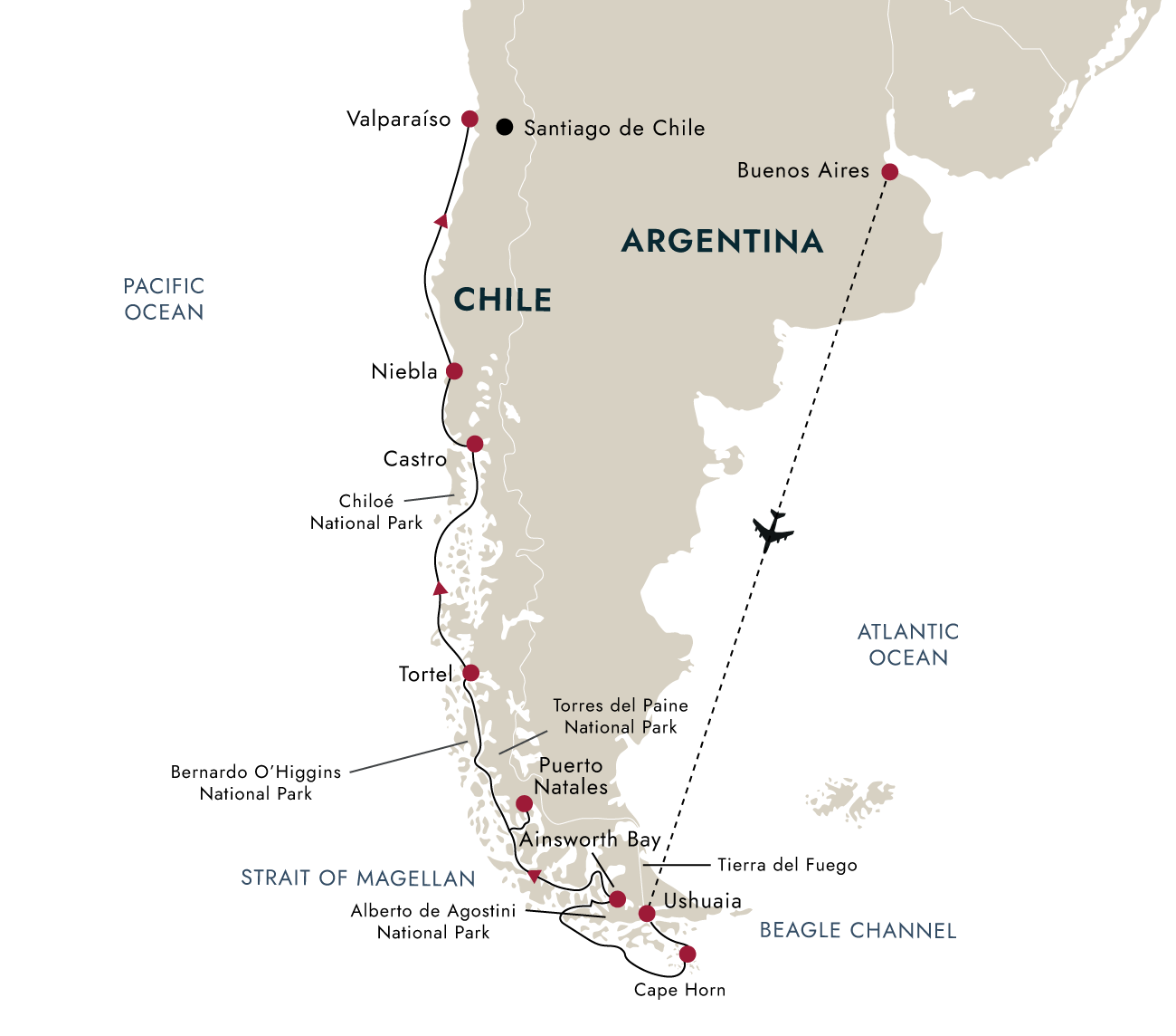 Chilean Fjords – Highlights of Patagonia – route map